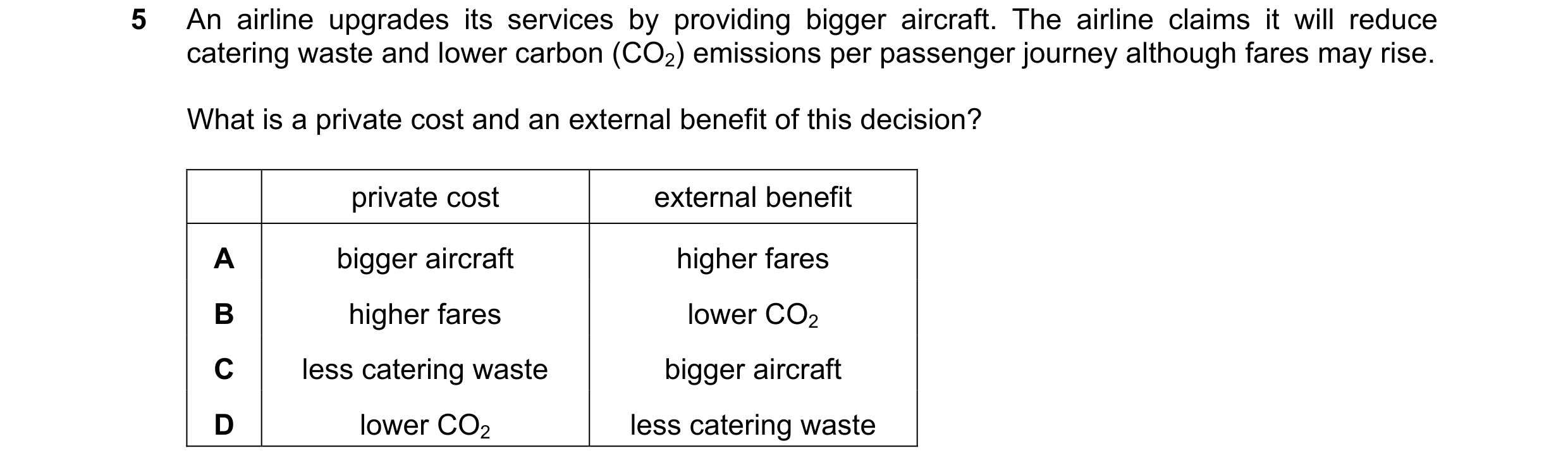 Question 171: An airline upgrades its services by providing bigger aircraft. The airline claims it will reduce catering waste and lower carbon (CO2) emis…