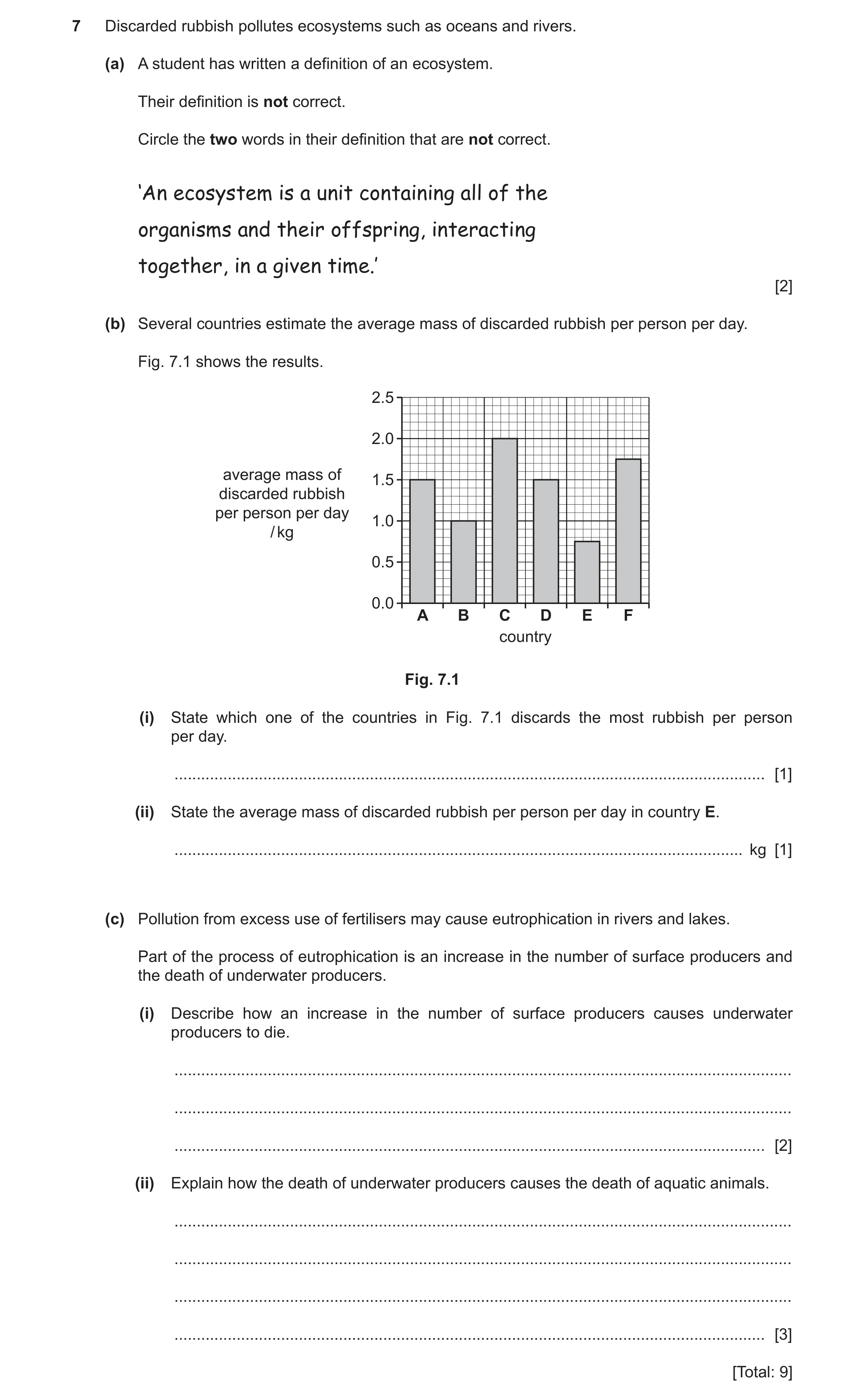 Question 9: Discarded rubbish pollutes ecosystems such as oceans and rivers. (a) A student has written a definition of an ecosystem. Their definition i…