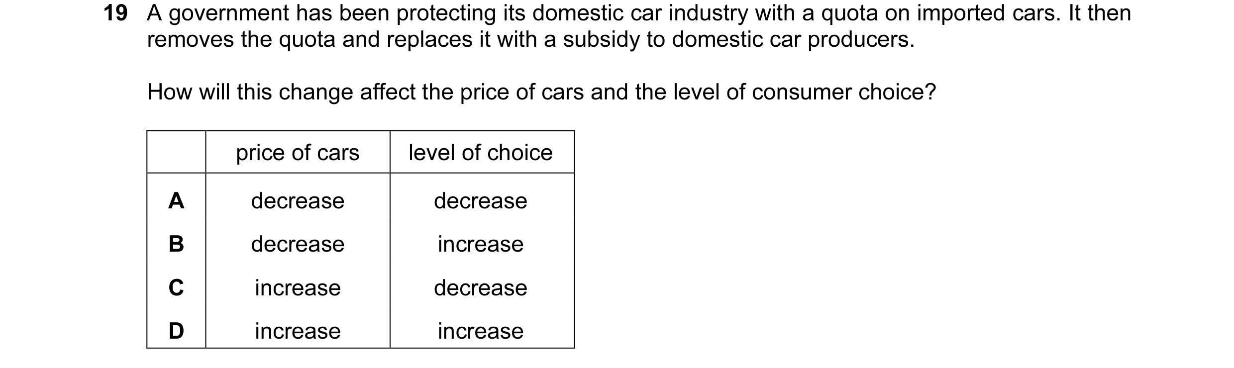 Question 14: A government has been protecting its domestic car industry with a quota on imported cars. It then removes the quota and replaces it with a …