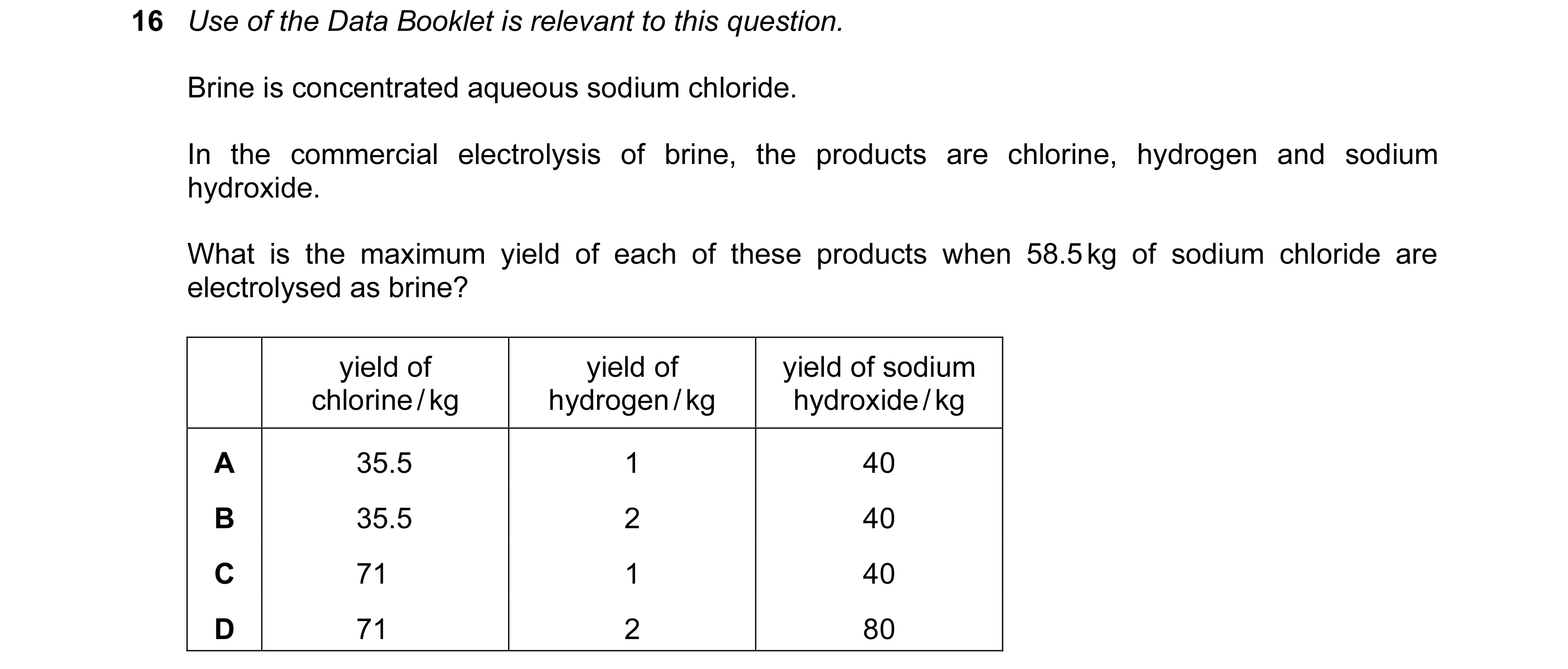 Question 112: Use of the Data Booklet is relevant to this question. Brine is concentrated aqueous sodium chloride. In the commercial electrolysis of brin…