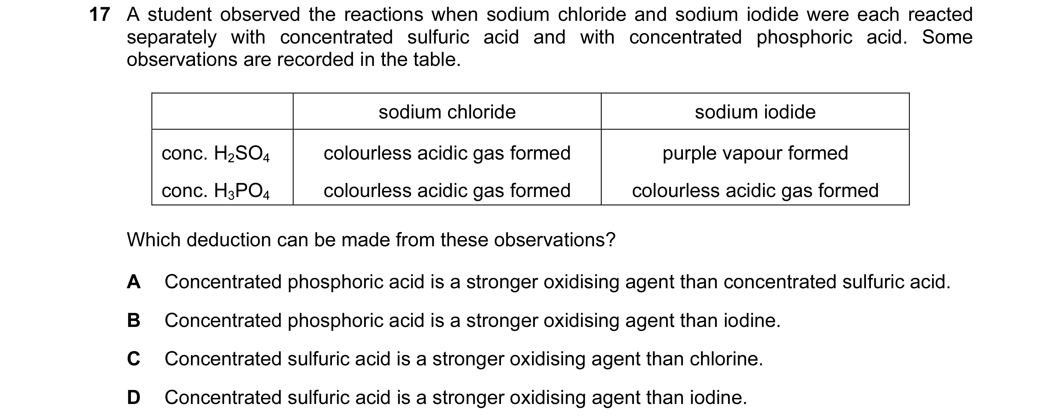 Question 45: A student observed the reactions when sodium chloride and sodium iodide were each reacted separately with concentrated sulfuric acid and wi…