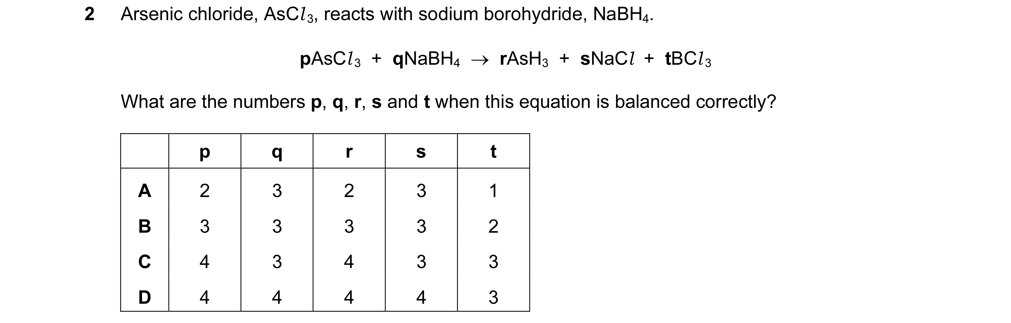 Question 142: Arsenic chloride, AsCl 3, reacts with sodium borohydride, NaBH4. pAsCl 3  +  qNaBH4  →  rAsH3  +  sNaCl  +  tBCl 3 What are the numbers p, …
