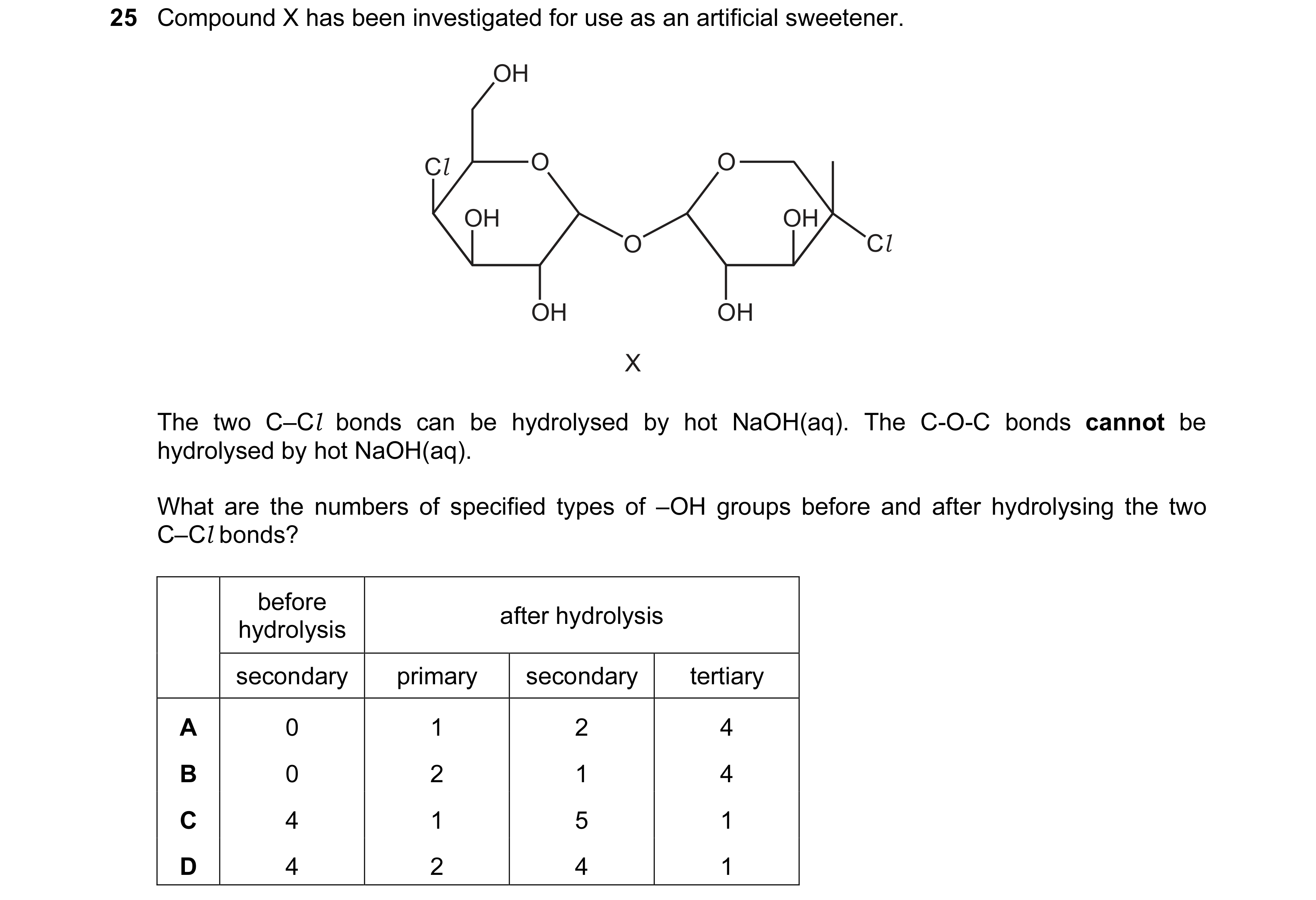 Question 10: Compound X has been investigated for use as an artificial sweetener. OH Cl O O OH OH O Cl OH OH X The two C–Cl bonds can be hydrolysed by h…