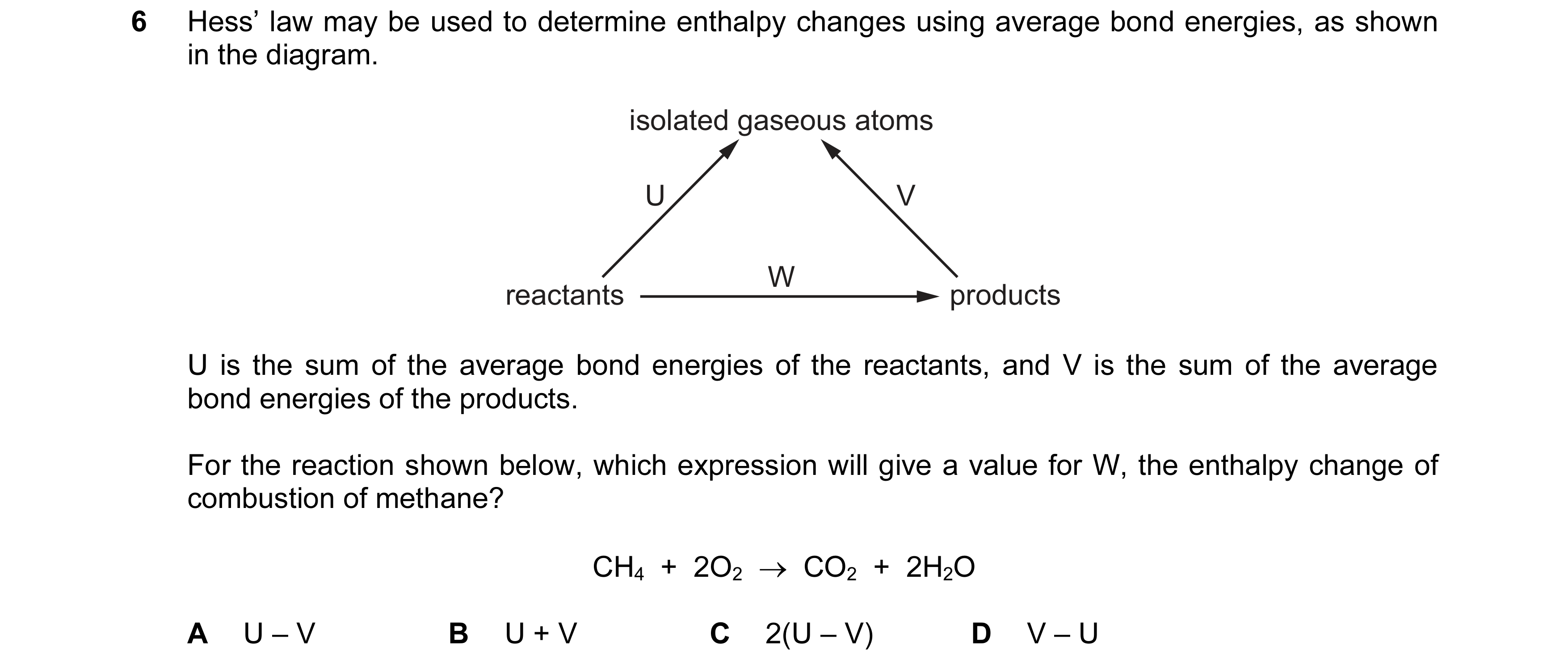 Question 92: Hess’ law may be used to determine enthalpy changes using average bond energies, as shown in the diagram. isolated gaseous atoms U V W reac…