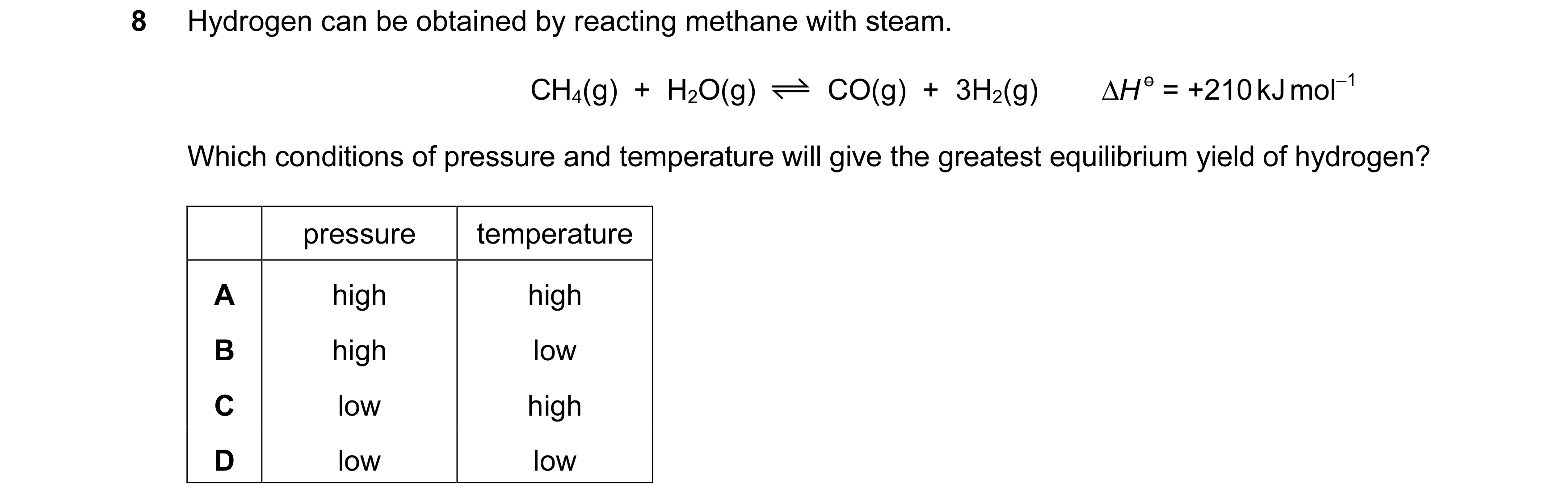 Question 66: Hydrogen can be obtained by reacting methane with steam. CH4(g)  +  H2O(g) CO(g)  +  3H2(g) ΔH o = +210 kJ mol–1 Which conditions of pressu…