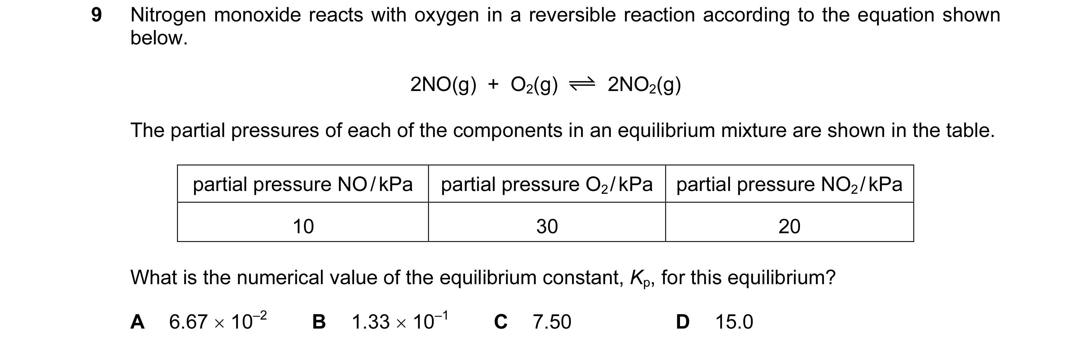 Question 75: Nitrogen monoxide reacts with oxygen in a reversible reaction according to the equation shown below. 2NO(g) + O2(g) 2NO2(g) The partial p…