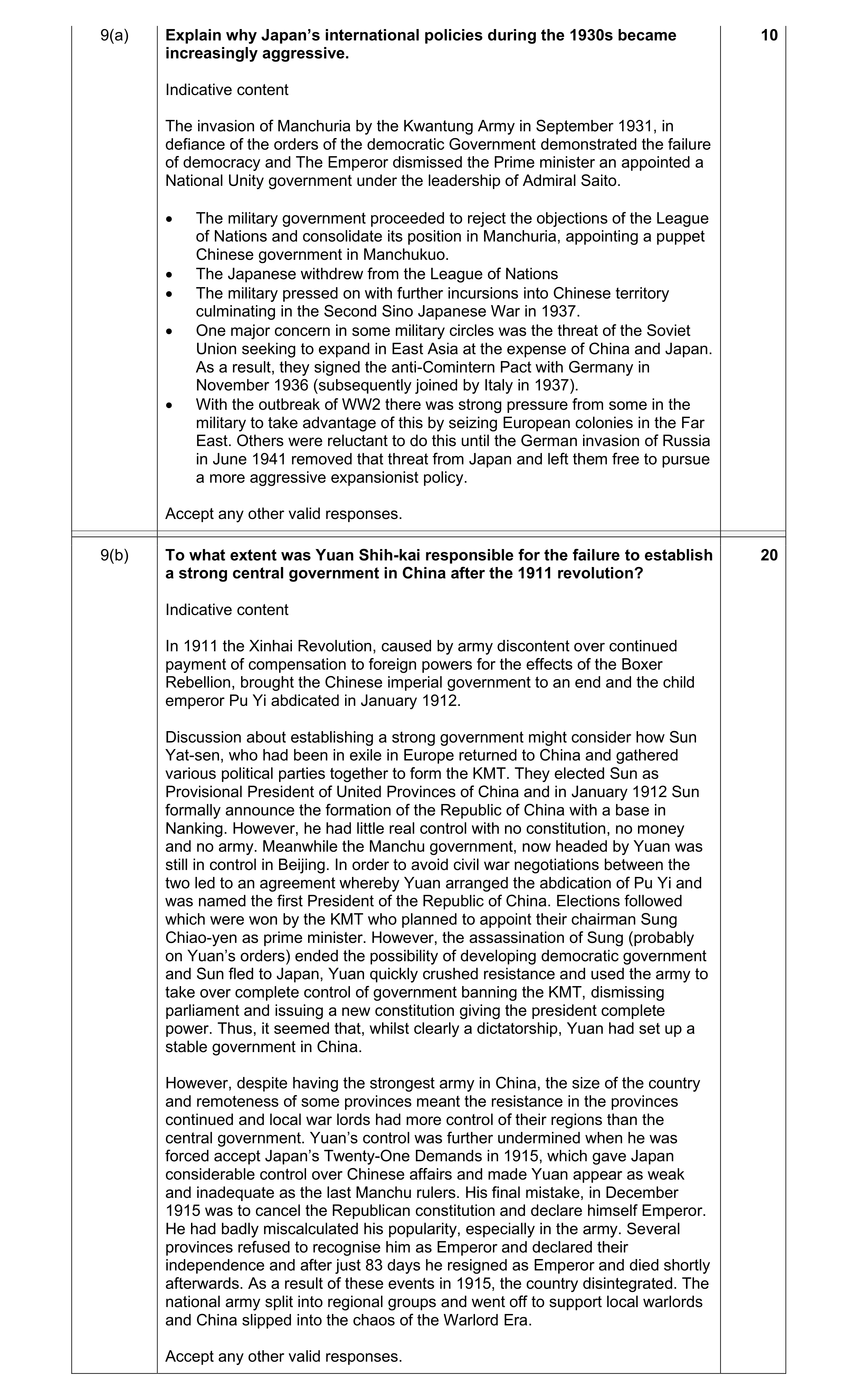 Mark scheme for question 16