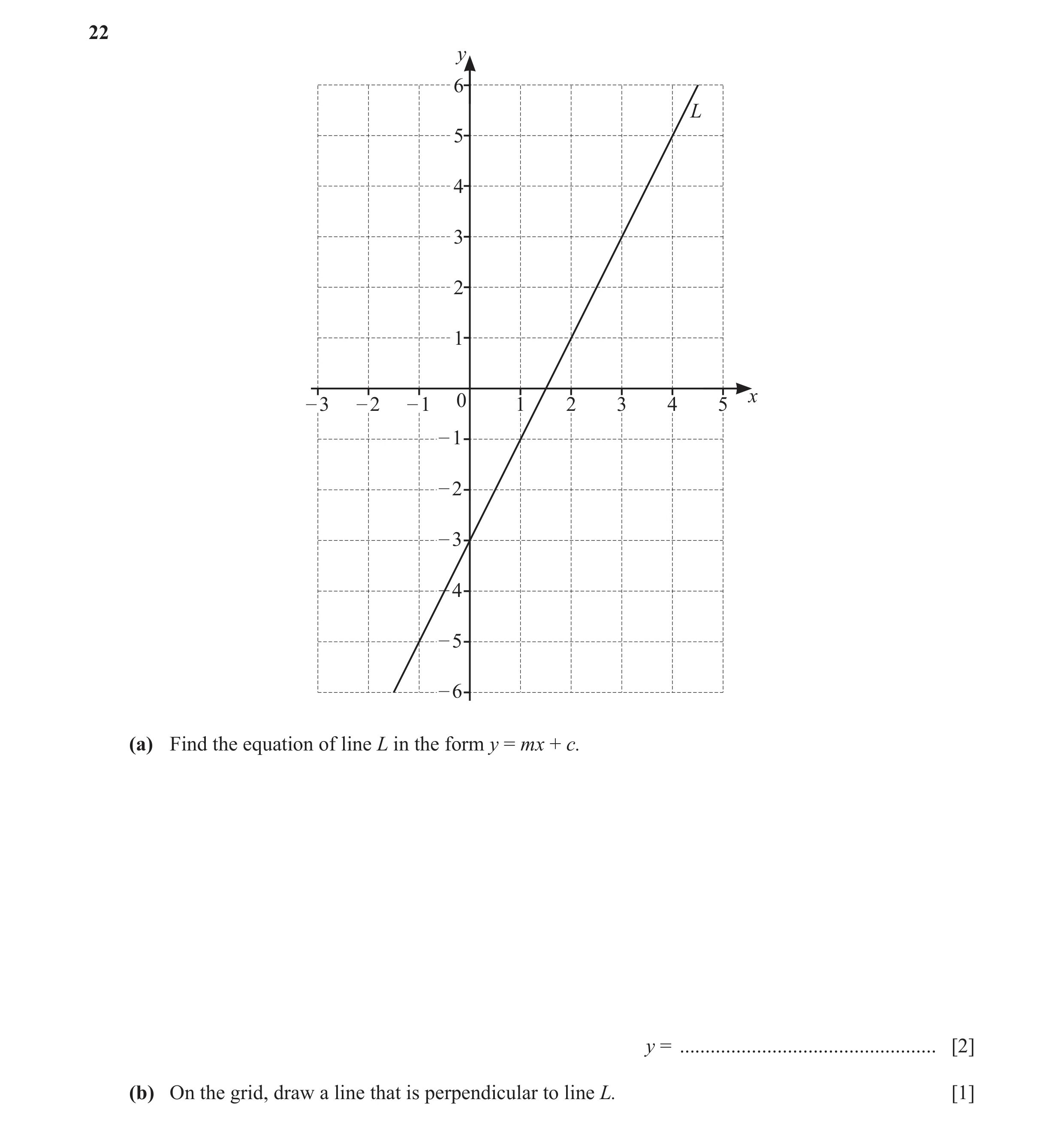 Question 25: y 6 L 5 4 3 2 1 – 3 – 2 – 1 0 1 2 3 4 5 x – 1 – 2 – 3 – 4 – 5 – 6 (a) Find the equation of line L in the form y = mx + c. y = .............…