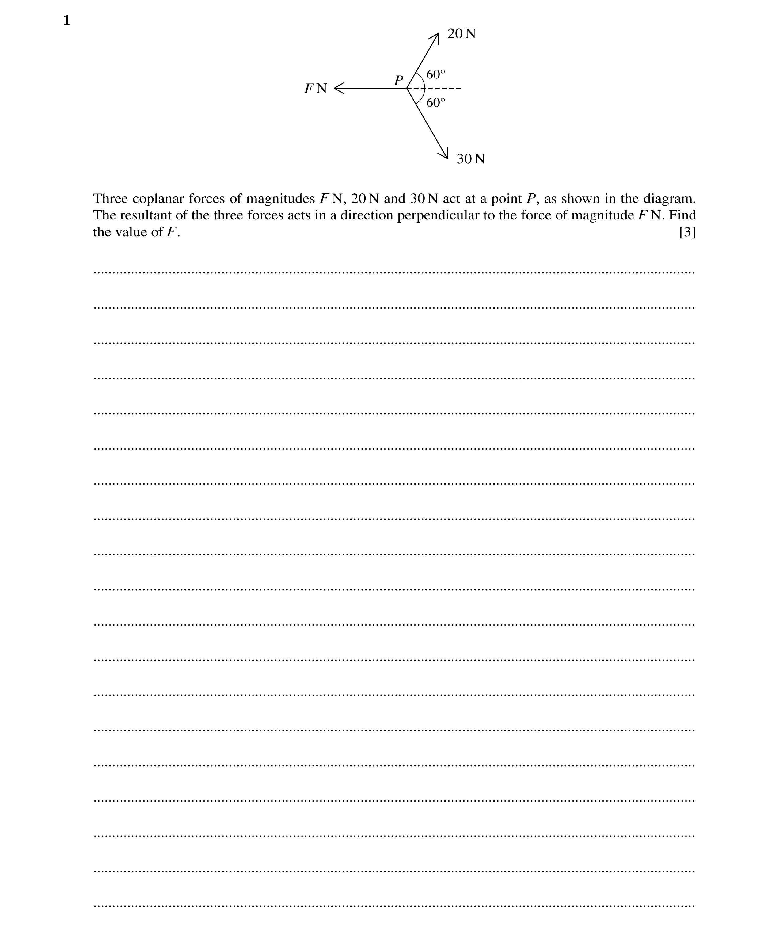 Question 105: 20 N 60Å P F N 60Å 30 N Three coplanar forces of magnitudes F N, 20 N and 30 N act at a point P, as shown in the diagram. The resultant of …
