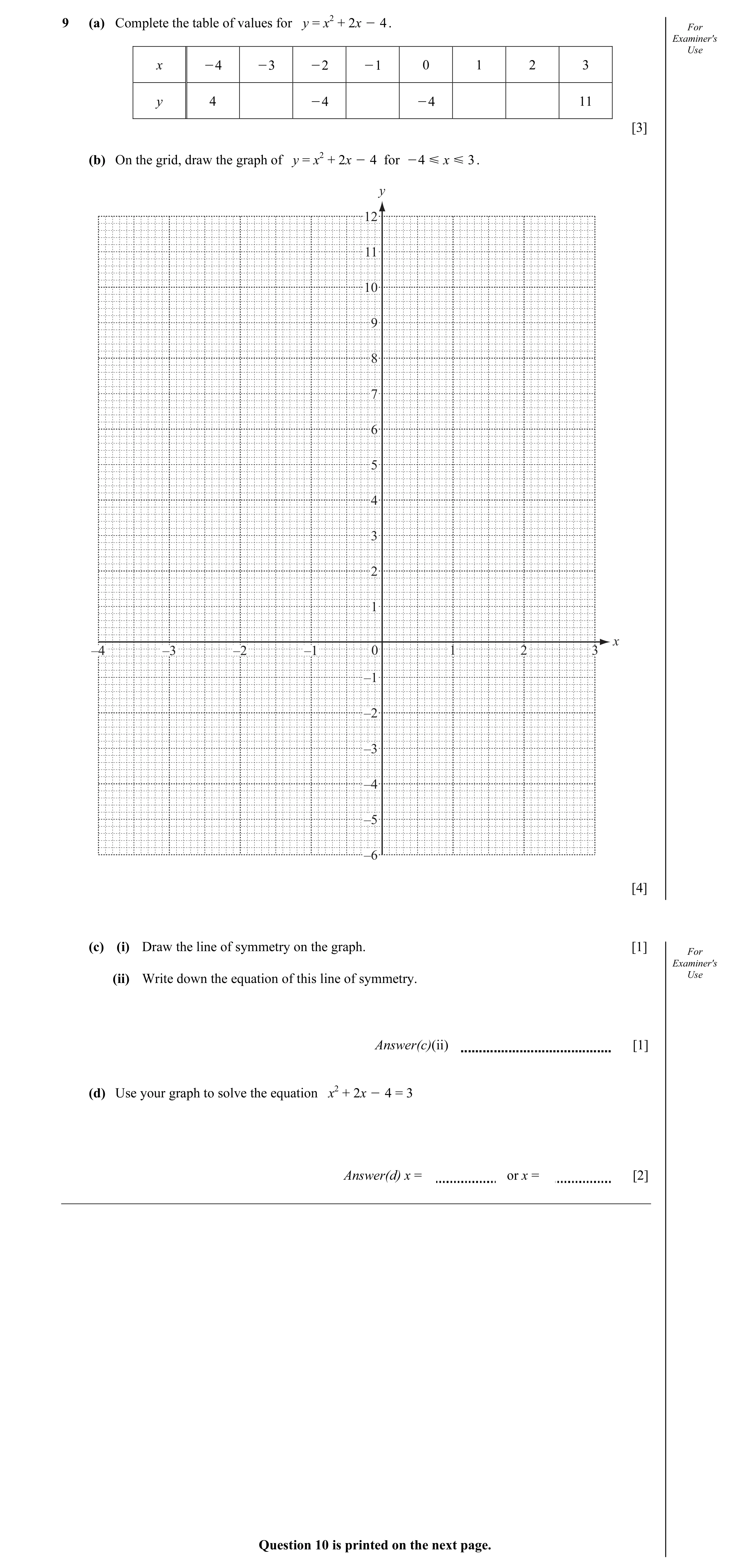 Question 20: (a) Complete the table of values for y = x2 + 2x O=4 . For Examiner's Use x O4 O3 O2 O1 0 1 2 3 y 4 O4 O4 11 [3] (b) On the grid, draw the …