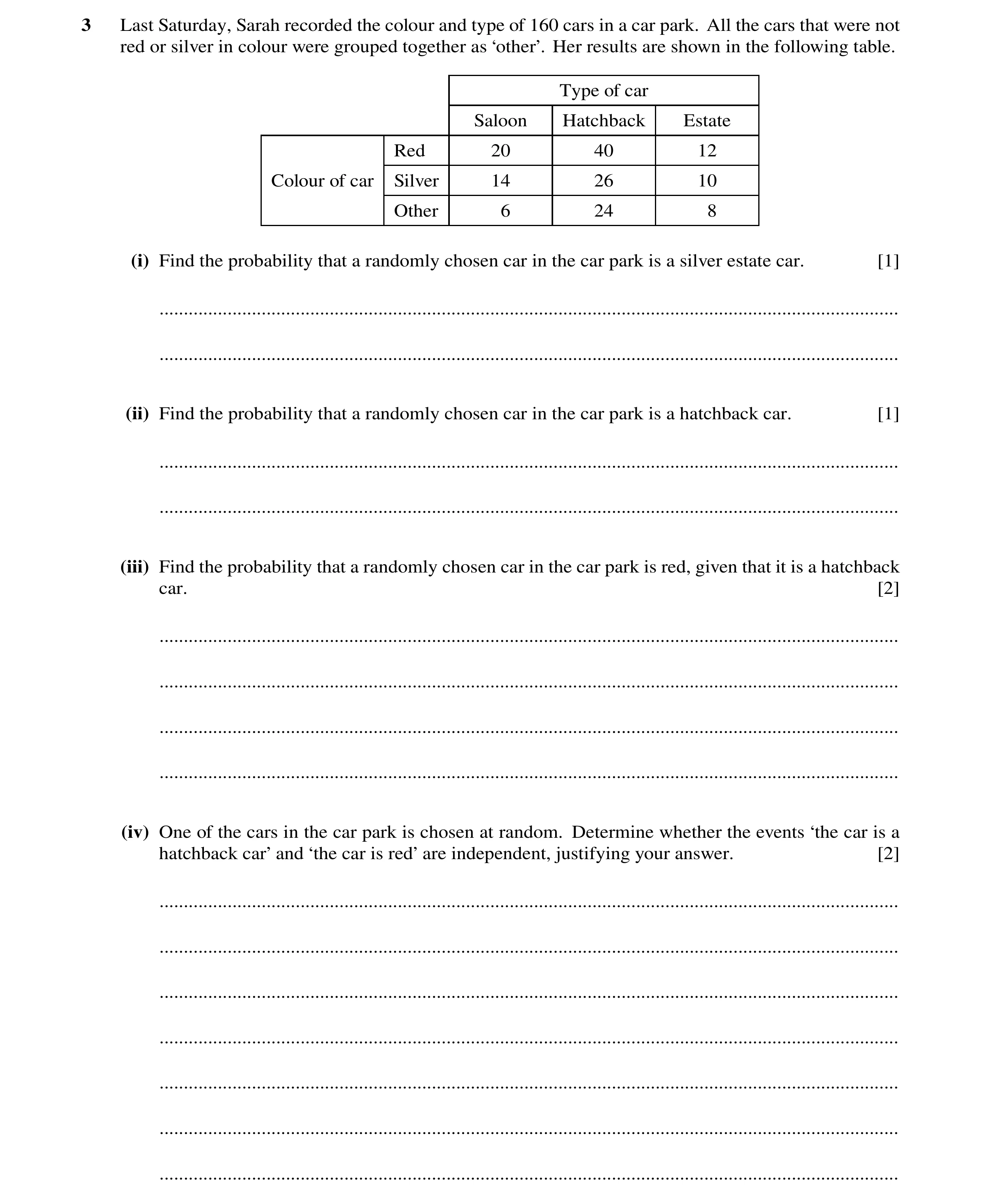 Question 112: Last Saturday, Sarah recorded the colour and type of 160 cars in a car park. All the cars that were not red or silver in colour were groupe…