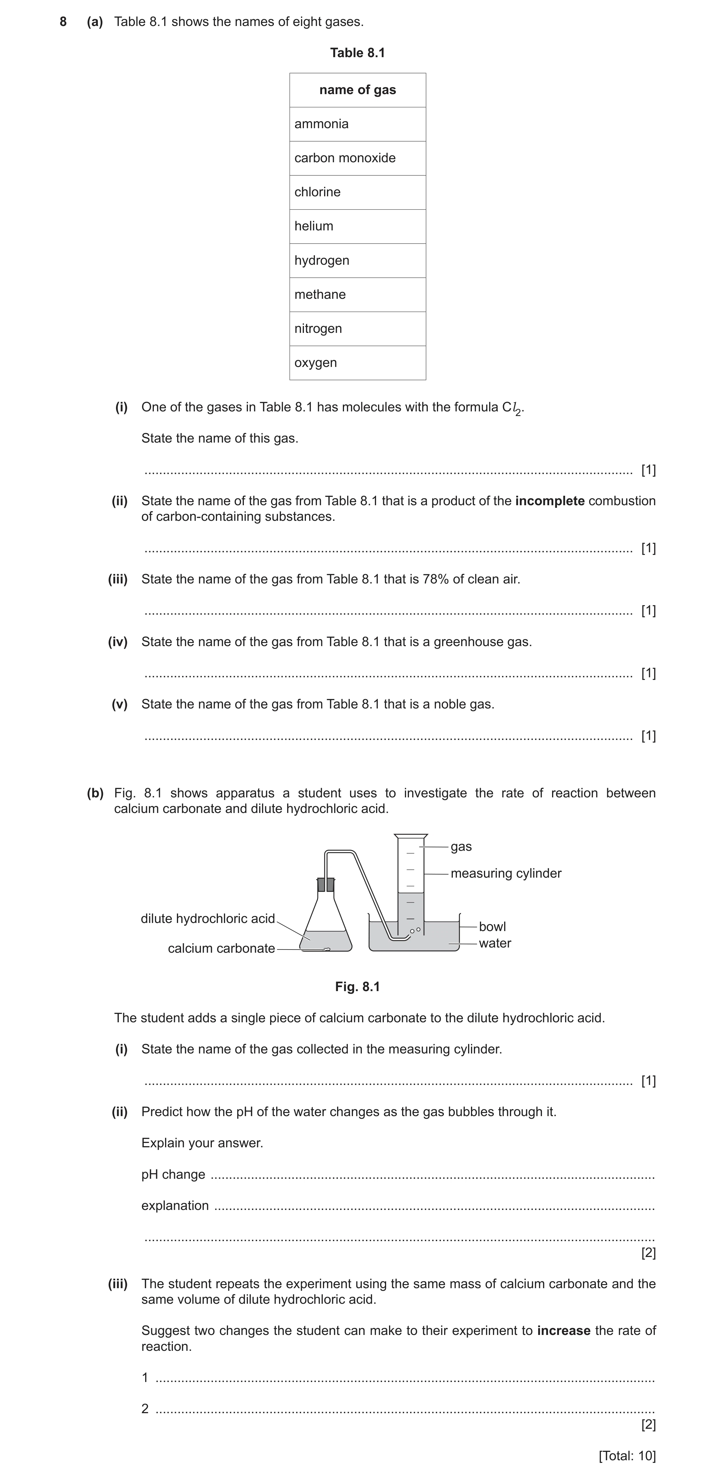 Question 9: (a) Table 8.1 shows the names of eight gases. Table 8.1 name of gas ammonia carbon monoxide chlorine helium hydrogen methane nitrogen oxyge…