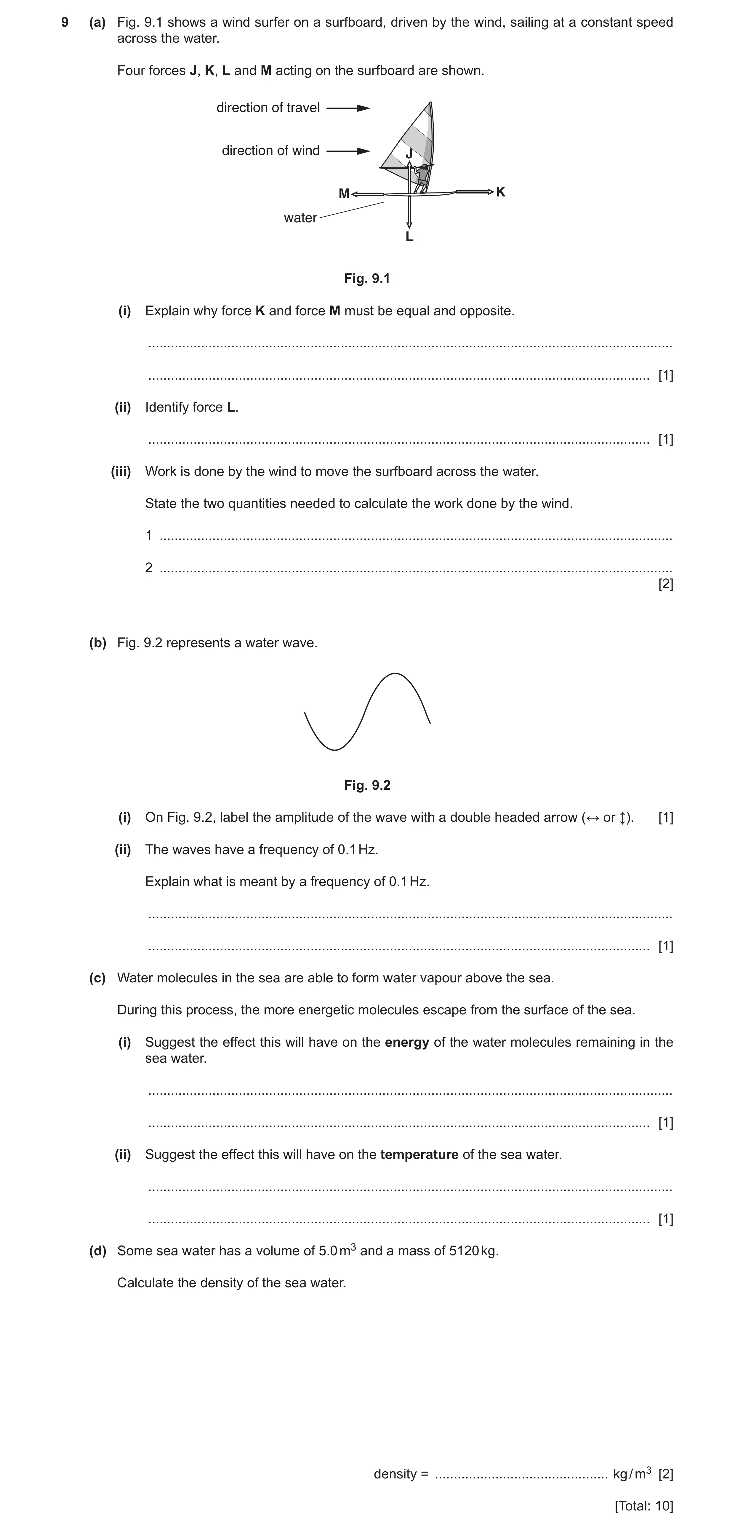 Question 12: (a) Fig. 9.1 shows a wind surfer on a surfboard, driven by the wind, sailing at a constant speed across the water. Four forces J, K, L and …