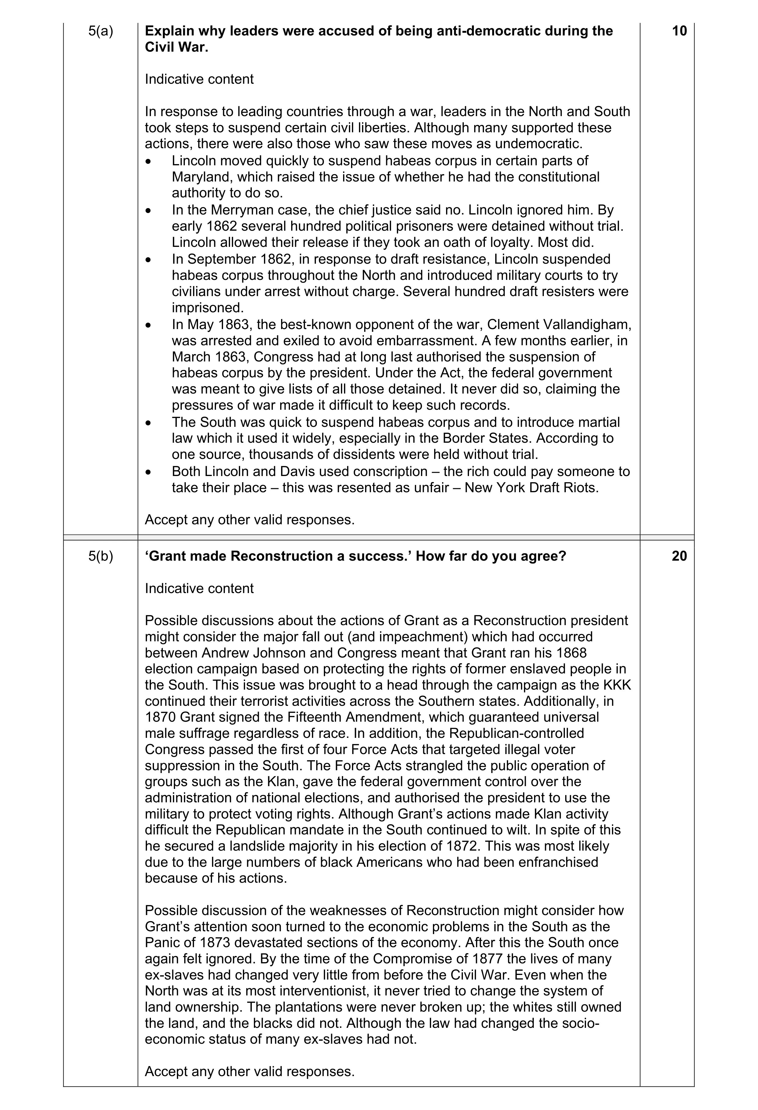 Mark scheme for question 9
