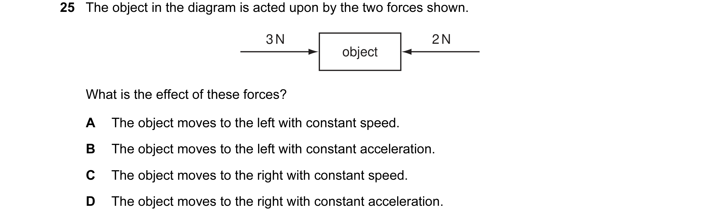 Question 7: The object in the diagram is acted upon by the two forces shown. 3 N 2 N object What is the effect of these forces? A The object moves to t…