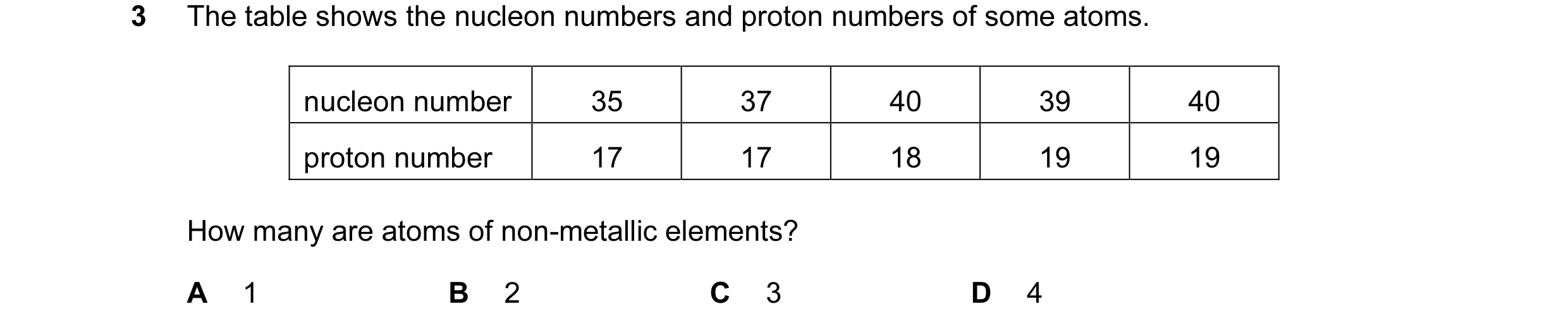 Question 7: The table shows the nucleon numbers and proton numbers of some atoms. nucleon number 35 37 40 39 40 proton number 17 17 18 19 19 How many a…