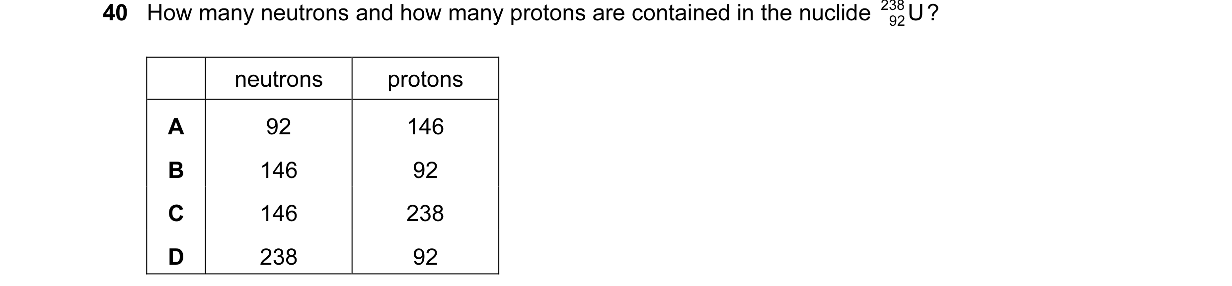 Question 6: How many neutrons and how many protons are contained in the nuclide 238 U ? 92 neutrons protons A 92 146 B 146 92 C 146 238 D 238 92