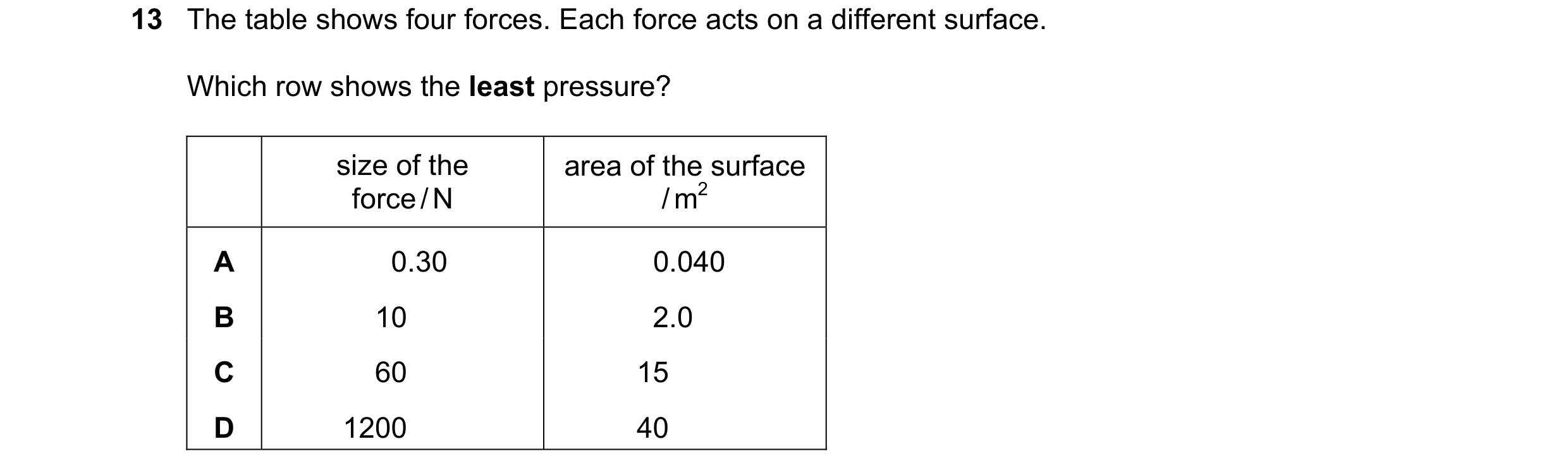Question 7: The table shows four forces. Each force acts on a different surface. Which row shows the least pressure? size of the area of the surface fo…