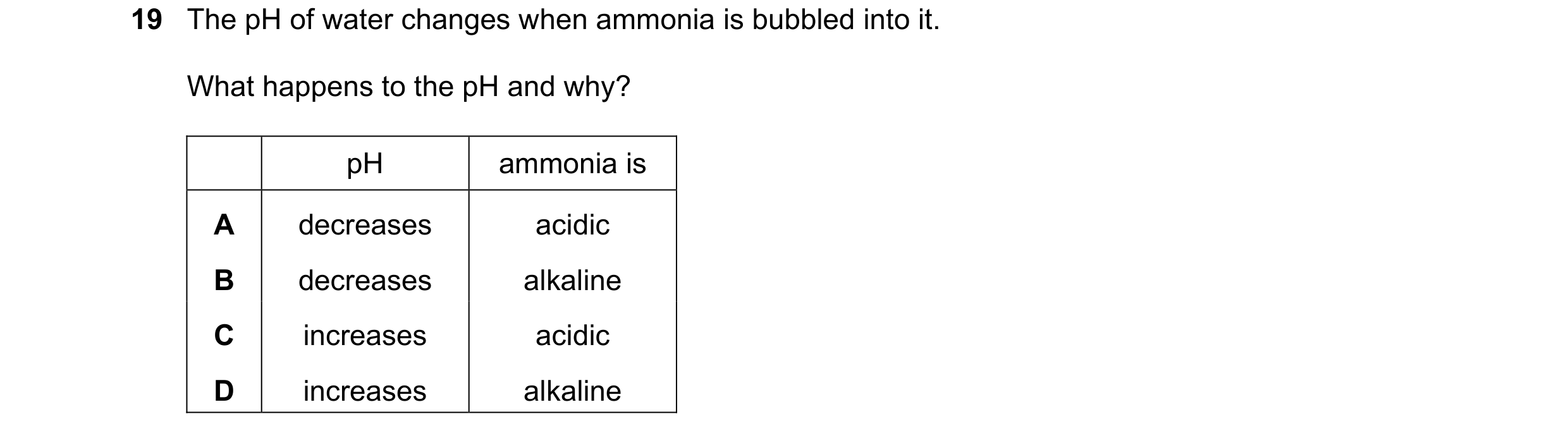 Question 6: The pH of water changes when ammonia is bubbled into it. What happens to the pH and why? pH ammonia is A decreases acidic B decreases alkal…