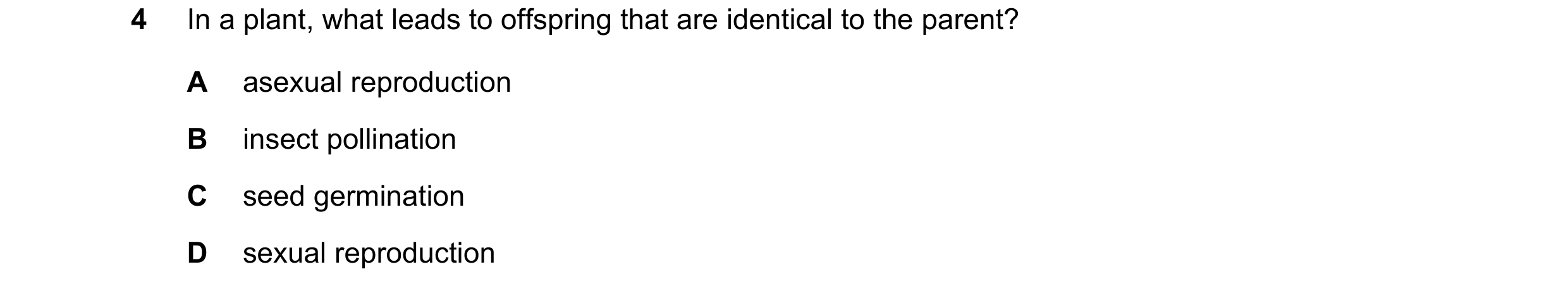Question 4: In a plant, what leads to offspring that are identical to the parent? A asexual reproduction B insect pollination C seed germination D sexu…