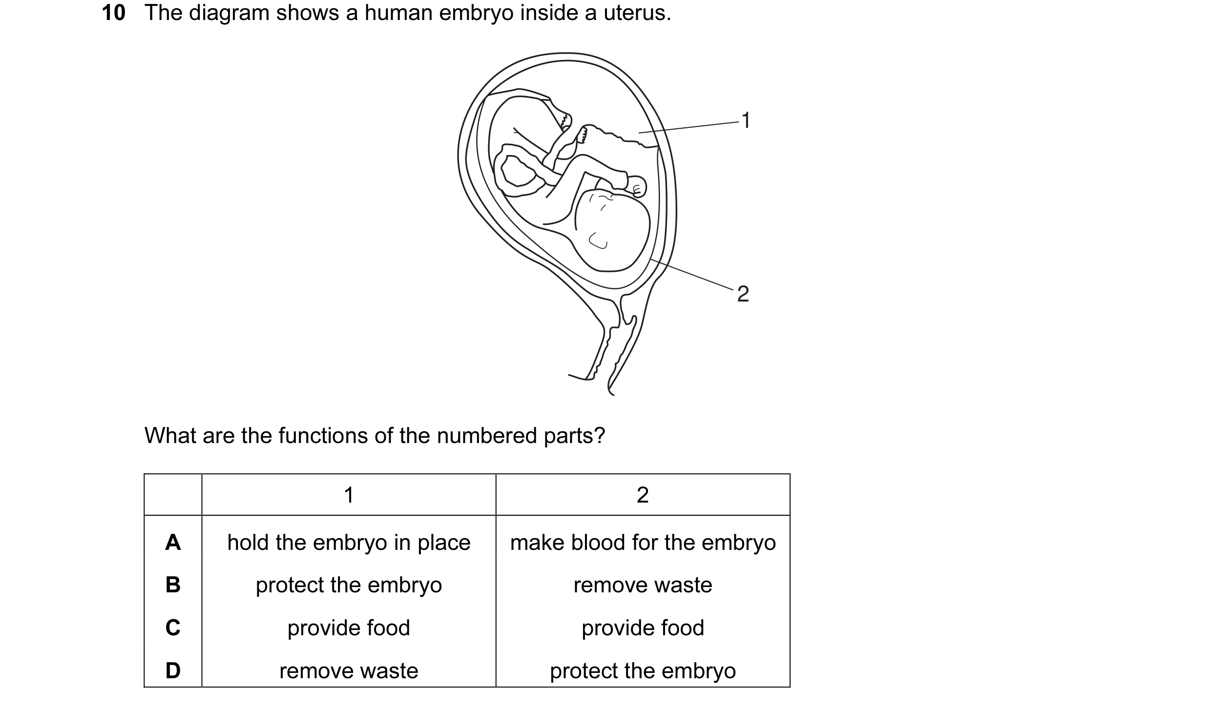 Question 9: The diagram shows a human embryo inside a uterus. 1 2 What are the functions of the numbered parts? 1 2 A hold the embryo in place make blo…