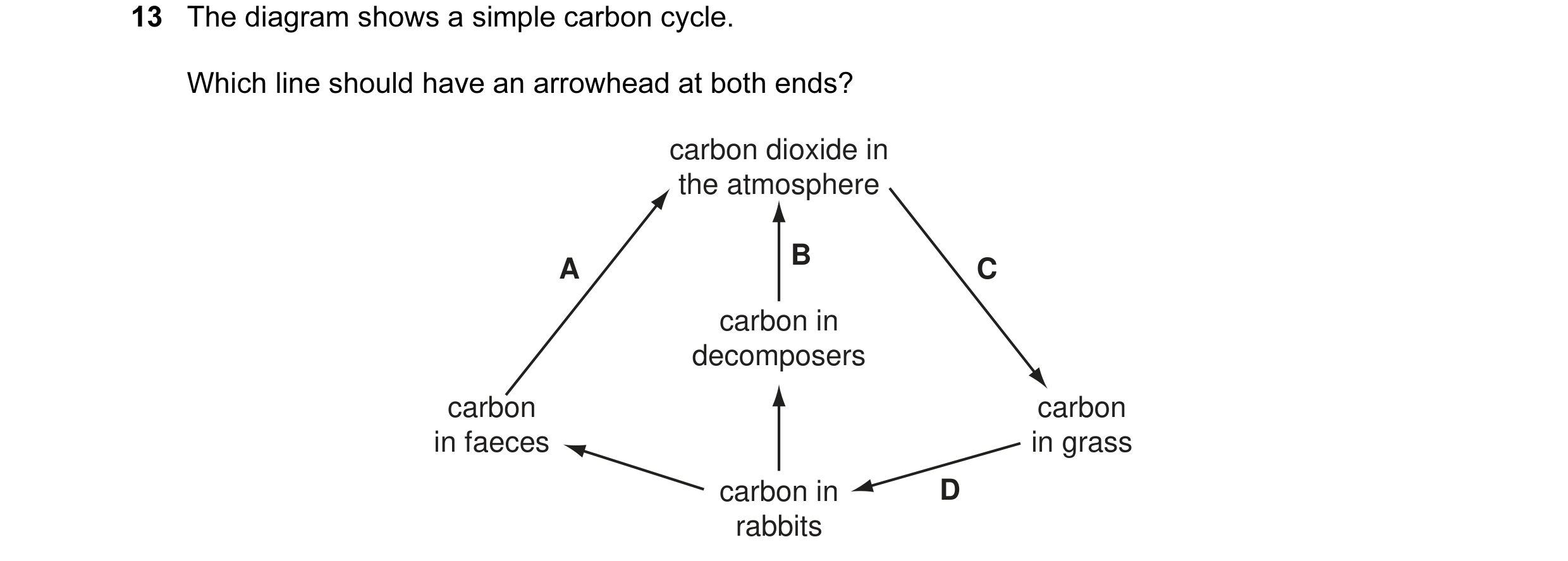 Question 7: The diagram shows a simple carbon cycle. Which line should have an arrowhead at both ends? carbon dioxide in the atmosphere B A C carbon in…
