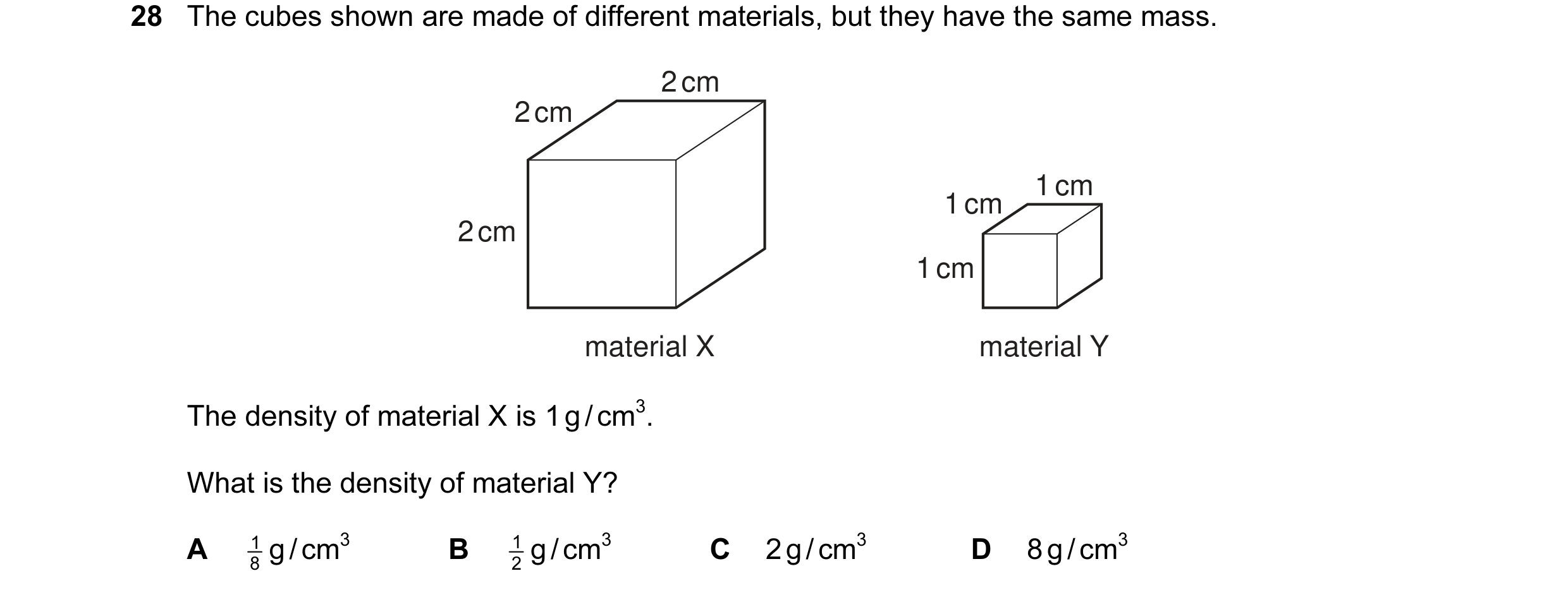 Question 8: The cubes shown are made of different materials, but they have the same mass. 2 cm 2 cm 1 cm 1 cm 2 cm 1 cm material X material Y The densi…