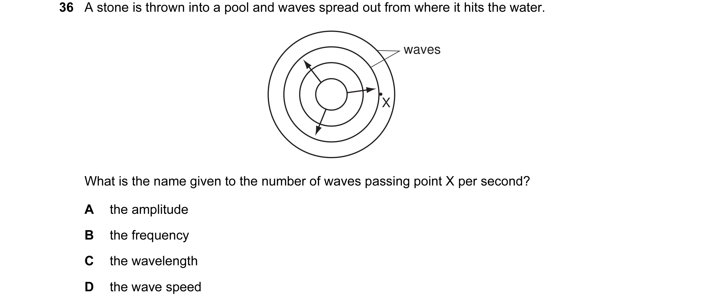 Question 8: A stone is thrown into a pool and waves spread out from where it hits the water. waves X What is the name given to the number of waves pass…