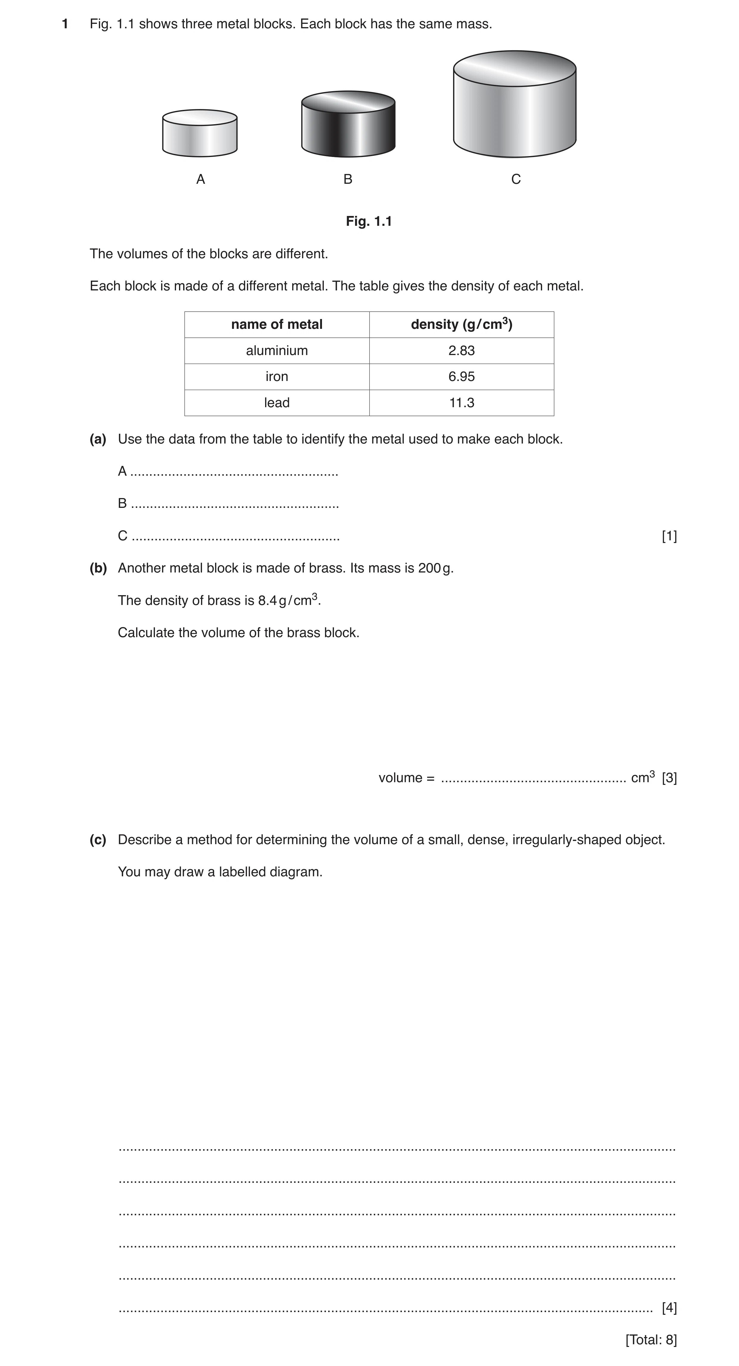 Question 10: Fig. 1.1 shows three metal blocks. Each block has the same mass. A B C Fig. 1.1 The volumes of the blocks are different. Each block is made…