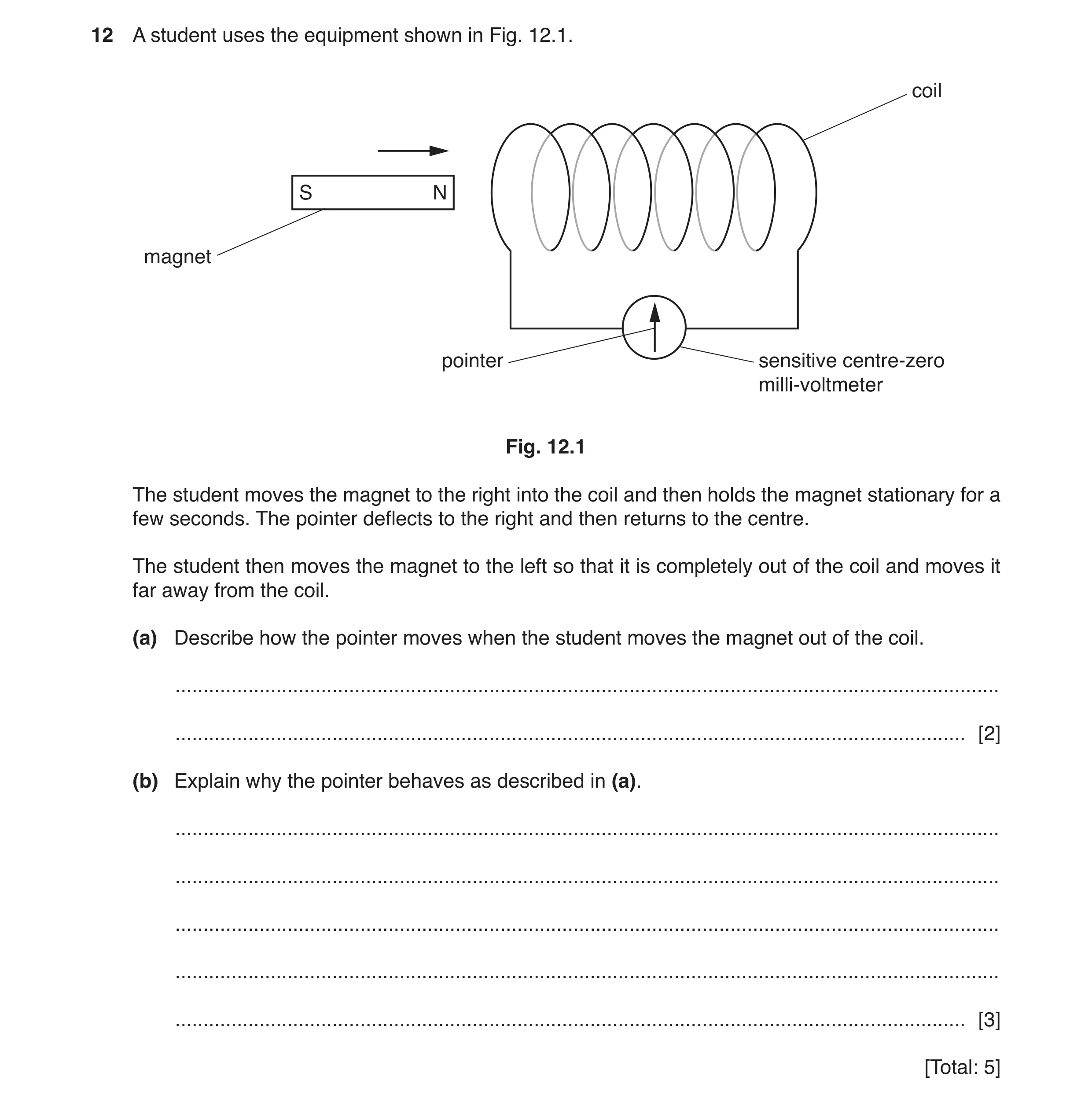 Question 21: A student uses the equipment shown in Fig. 12.1. coil S N magnet pointer sensitive centre-zero milli-voltmeter Fig. 12.1 The student moves …