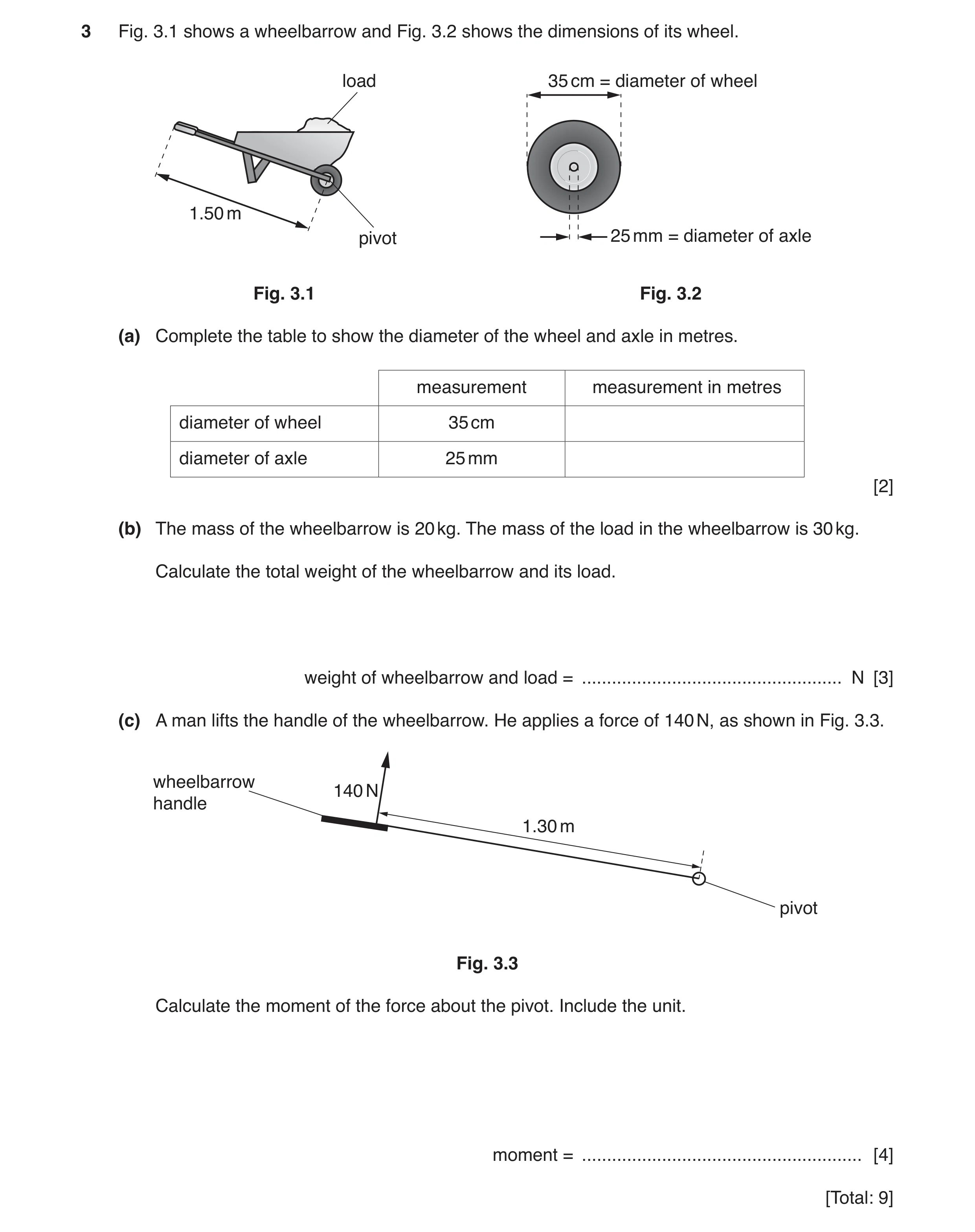 Question 21: Fig. 3.1 shows a wheelbarrow and Fig. 3.2 shows the dimensions of its wheel. load 35 cm = diameter of wheel 1.50 m pivot 25 mm = diameter o…