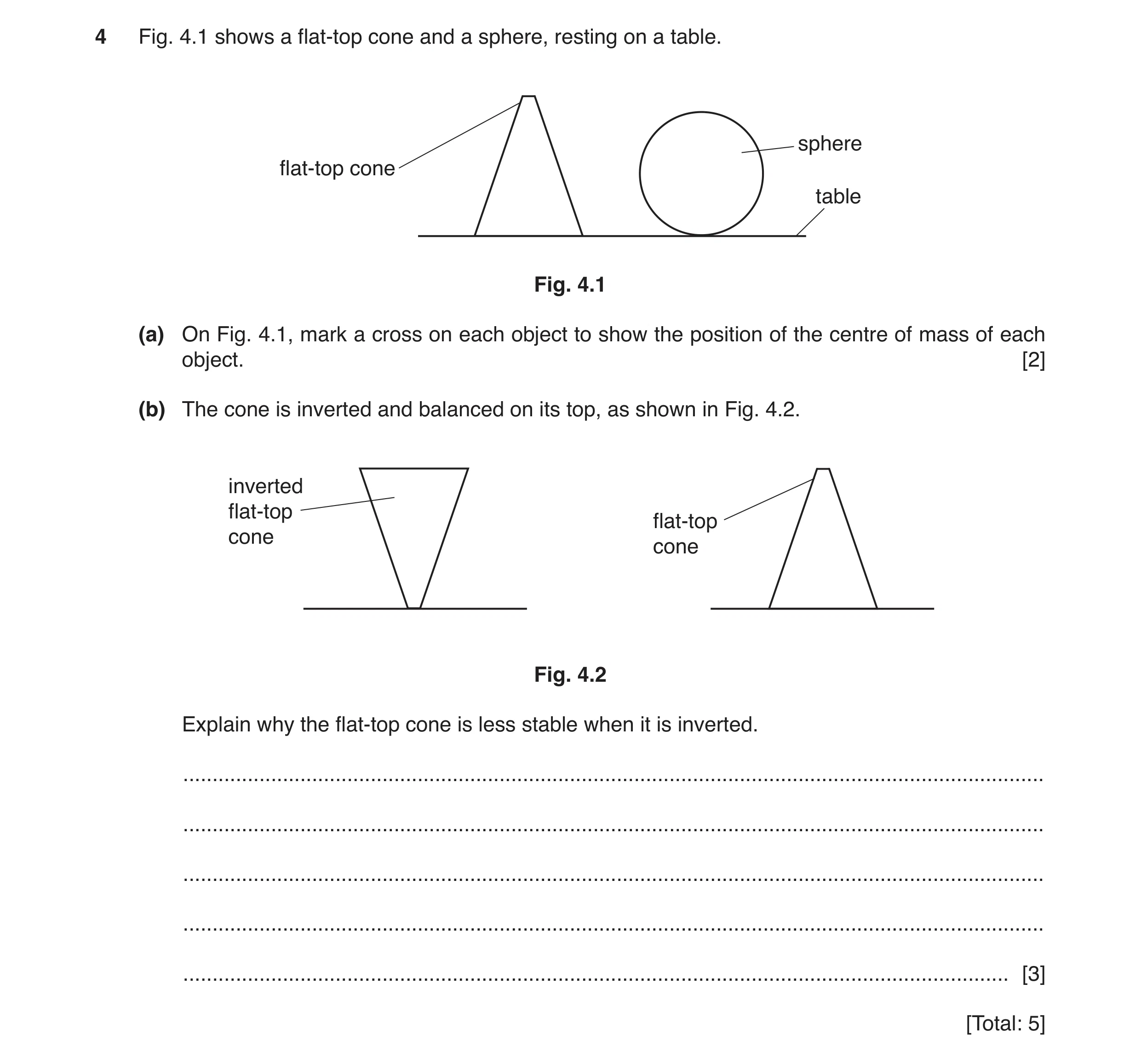 Question 29: Fig. 4.1 shows a flat-top cone and a sphere, resting on a table. sphere flat-top cone table Fig. 4.1 (a) On Fig. 4.1, mark a cross on each …