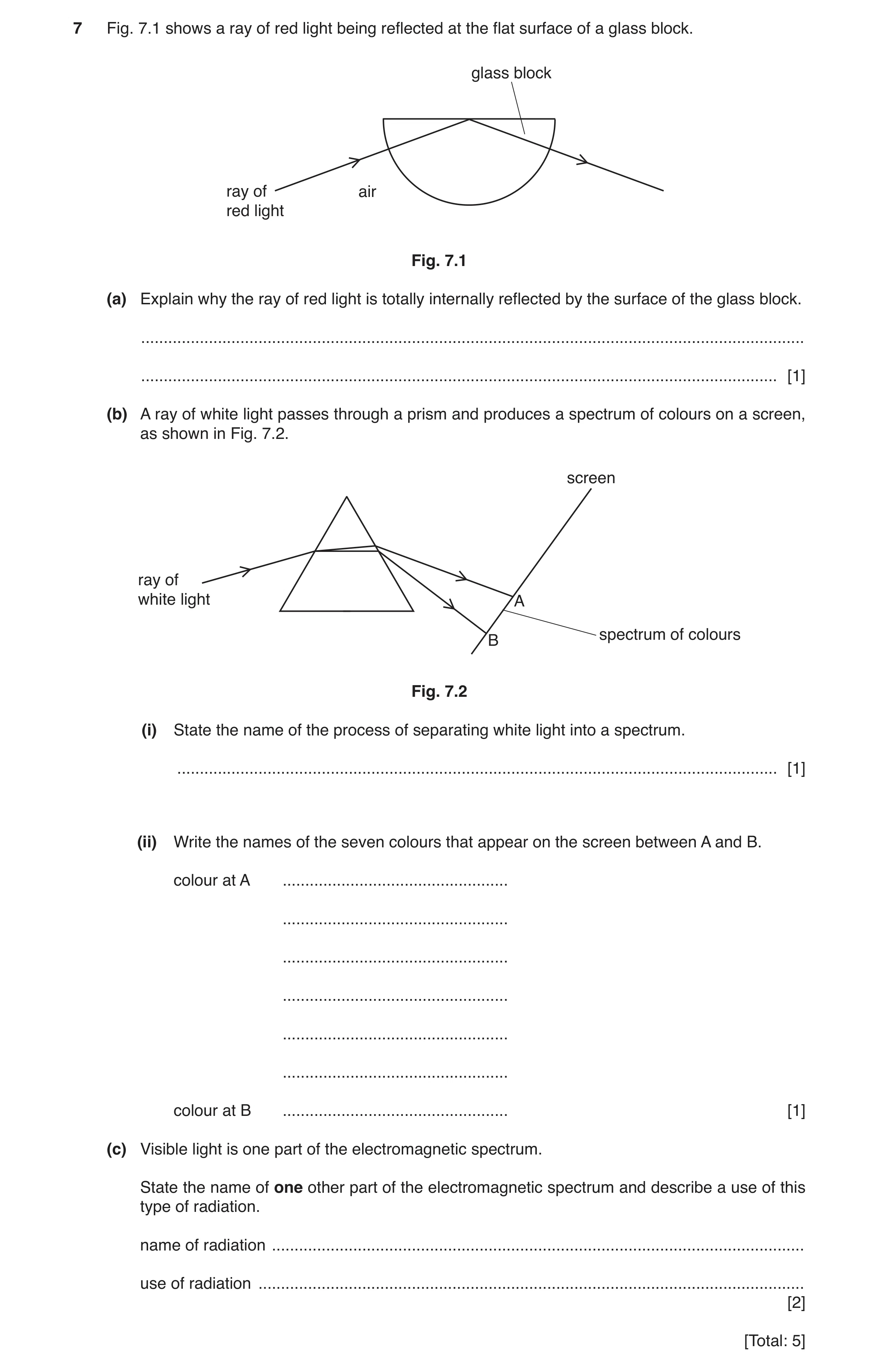 Question 13: Fig. 7.1 shows a ray of red light being reflected at the flat surface of a glass block. glass block ray of air red light Fig. 7.1 (a) Expla…