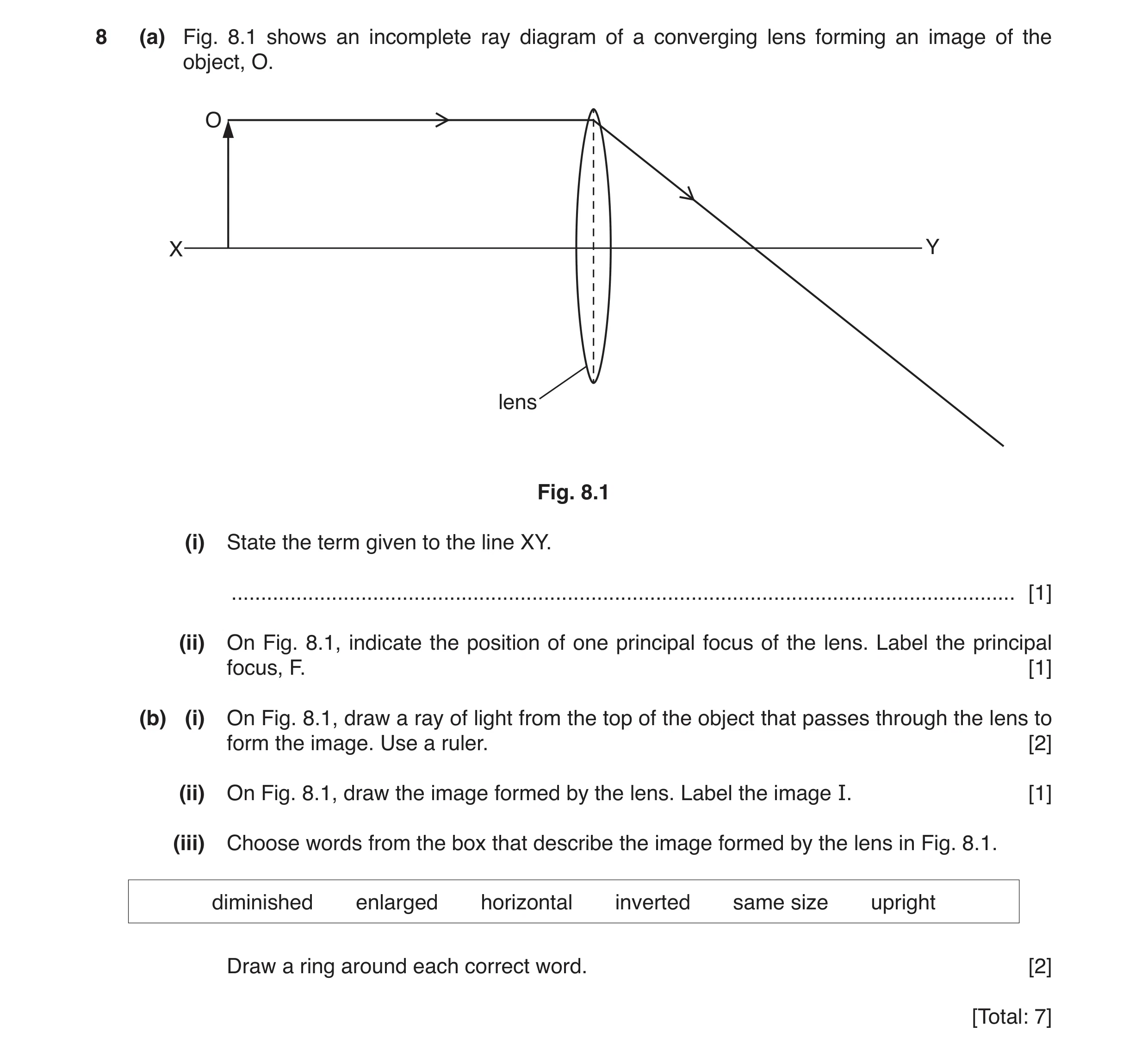 Question 14: (a) Fig. 8.1 shows an incomplete ray diagram of a converging lens forming an image of the object, O. O X Y lens Fig. 8.1 (i) State the term…