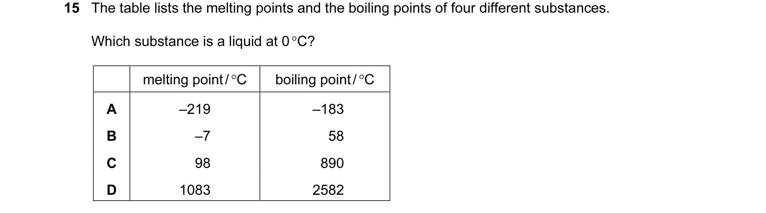 Question 51: The table lists the melting points and the boiling points of four different substances. Which substance is a liquid at 0 °C? melting point …