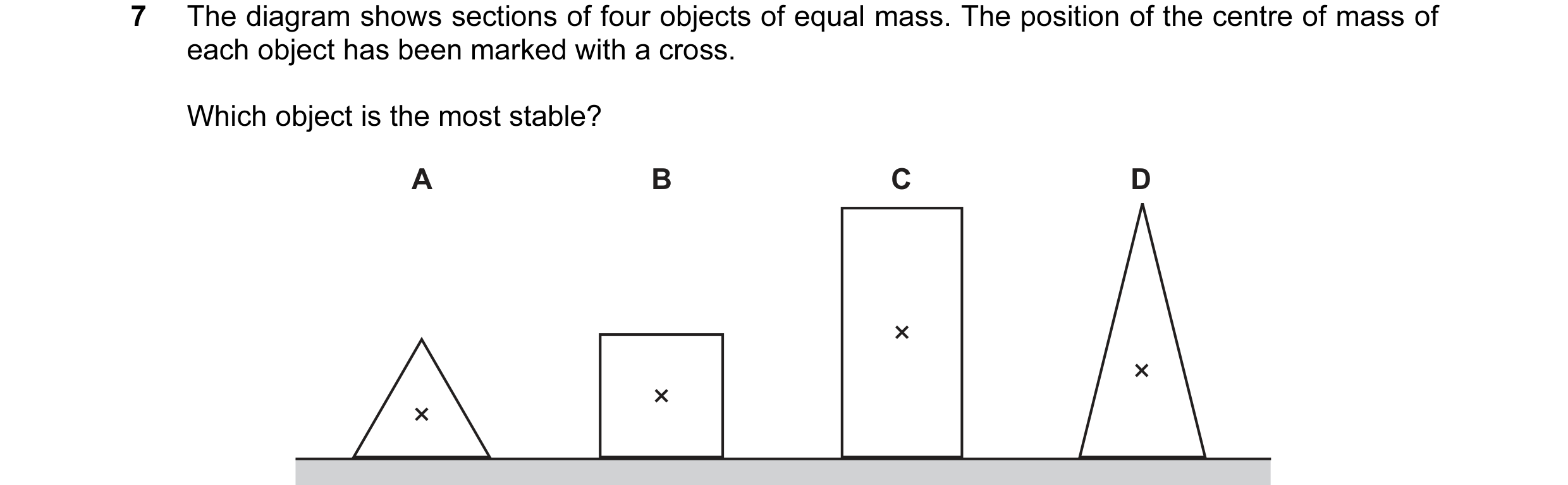 Question 65: The diagram shows sections of four objects of equal mass. The position of the centre of mass of each object has been marked with a cross. W…