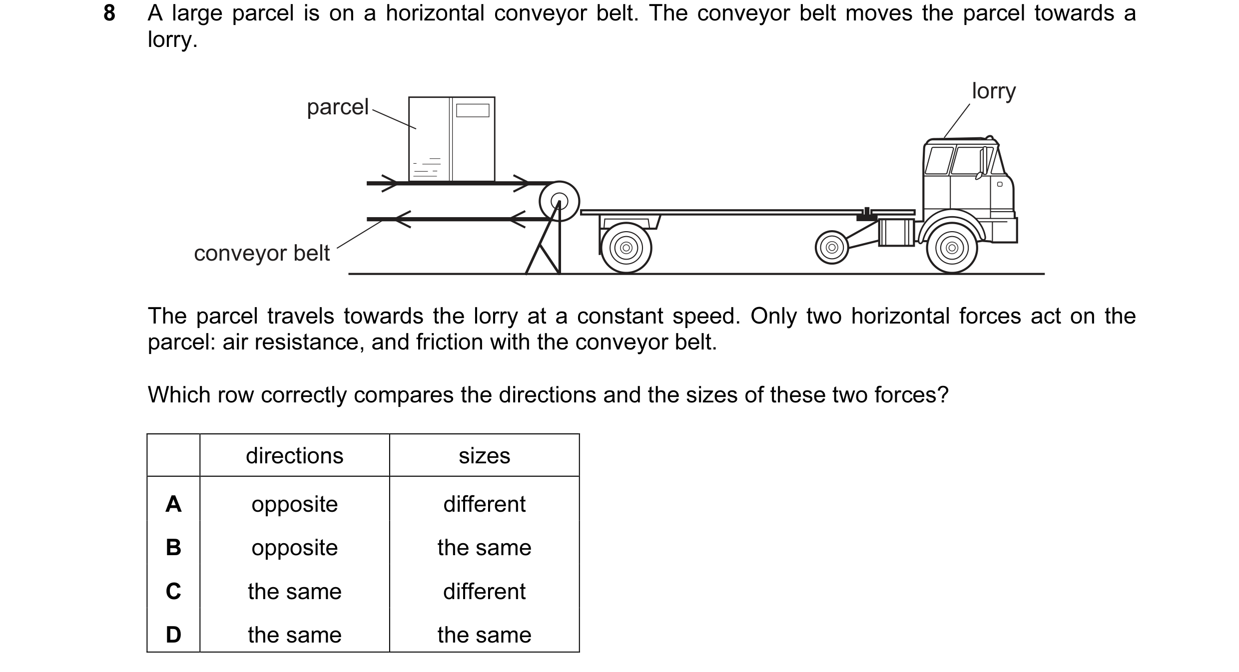 Question 55: A large parcel is on a horizontal conveyor belt. The conveyor belt moves the parcel towards a lorry. lorry parcel conveyor belt The parcel …