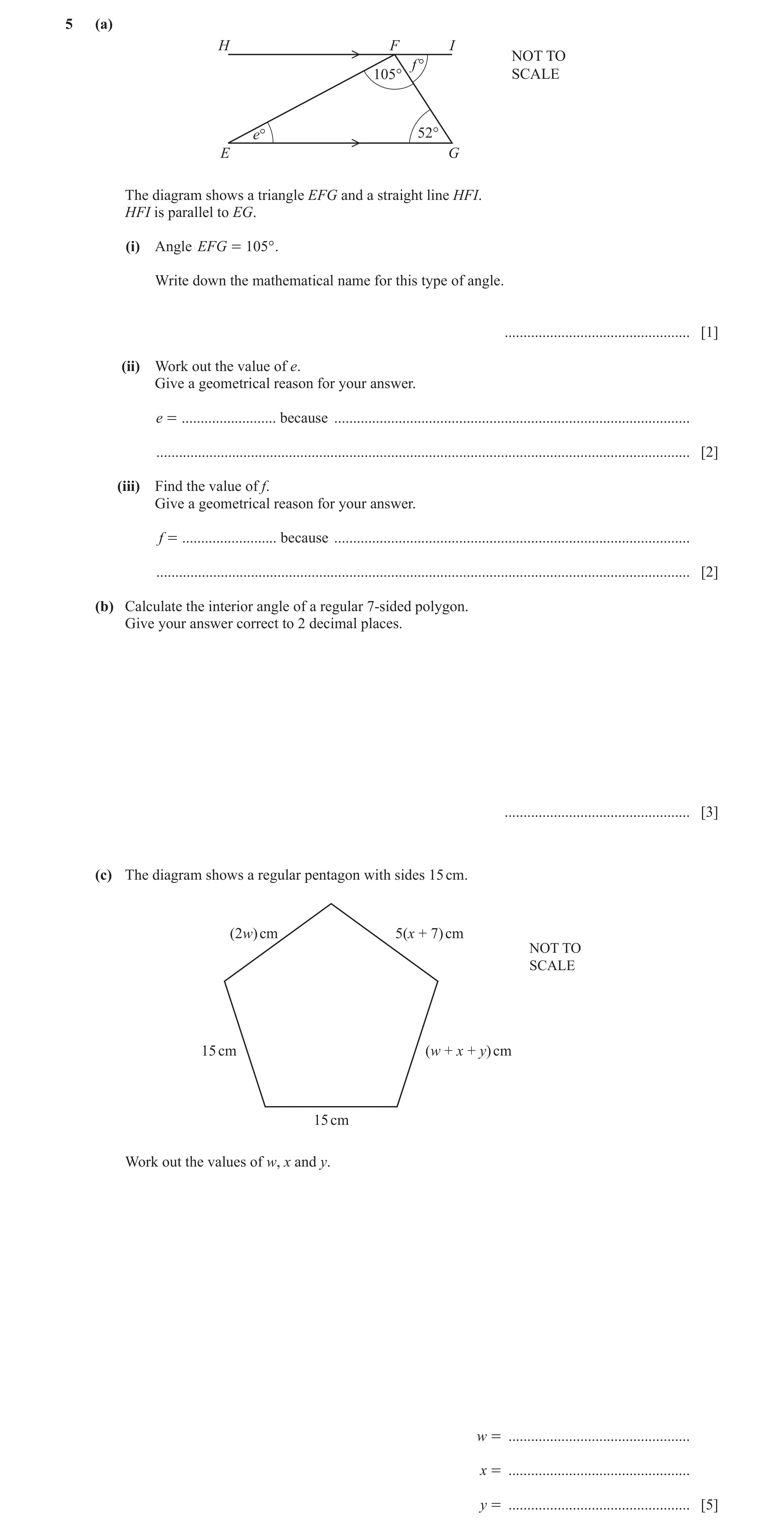 Question 94: (a) H F I NOT TO f ° 105° SCALE e° 52° E G The diagram shows a triangle EFG and a straight line HFI. HFI is parallel to EG. (i) Angle EFG =…