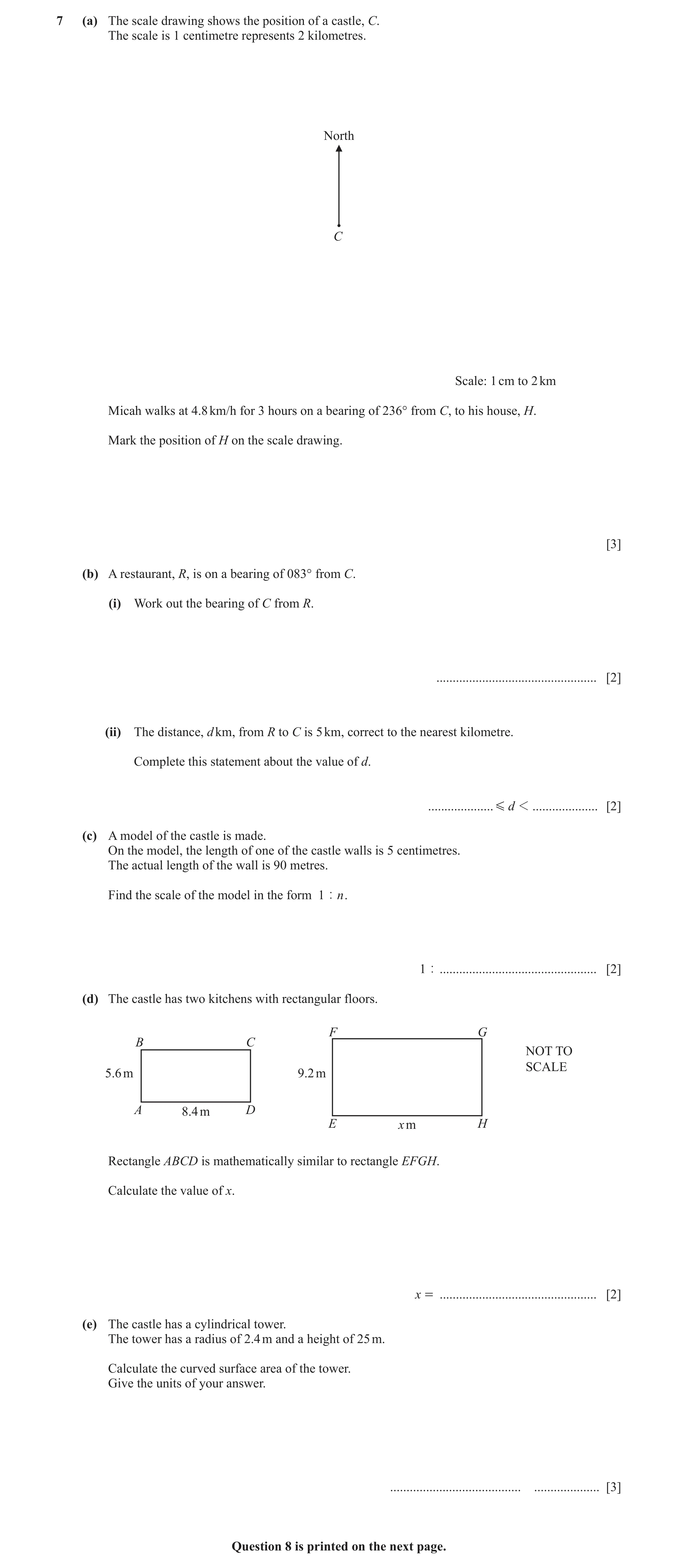 Question 95: (a) The scale drawing shows the position of a castle, C. The scale is 1 centimetre represents 2 kilometres. North C Scale: 1 cm to 2 km Mic…