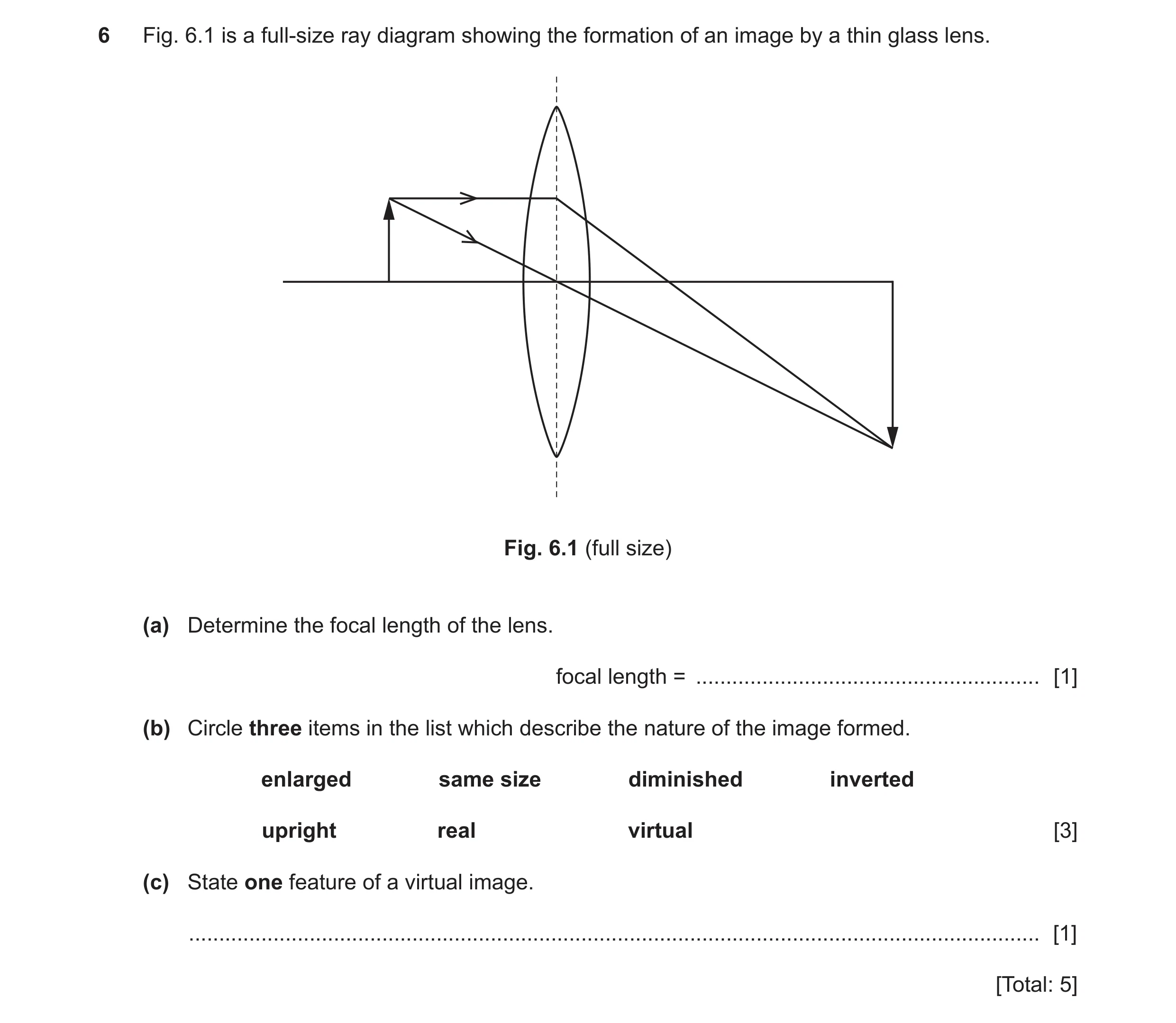 Question 33: Fig. 6.1 is a full-size ray diagram showing the formation of an image by a thin glass lens. Fig. 6.1 (full size) (a) Determine the focal le…