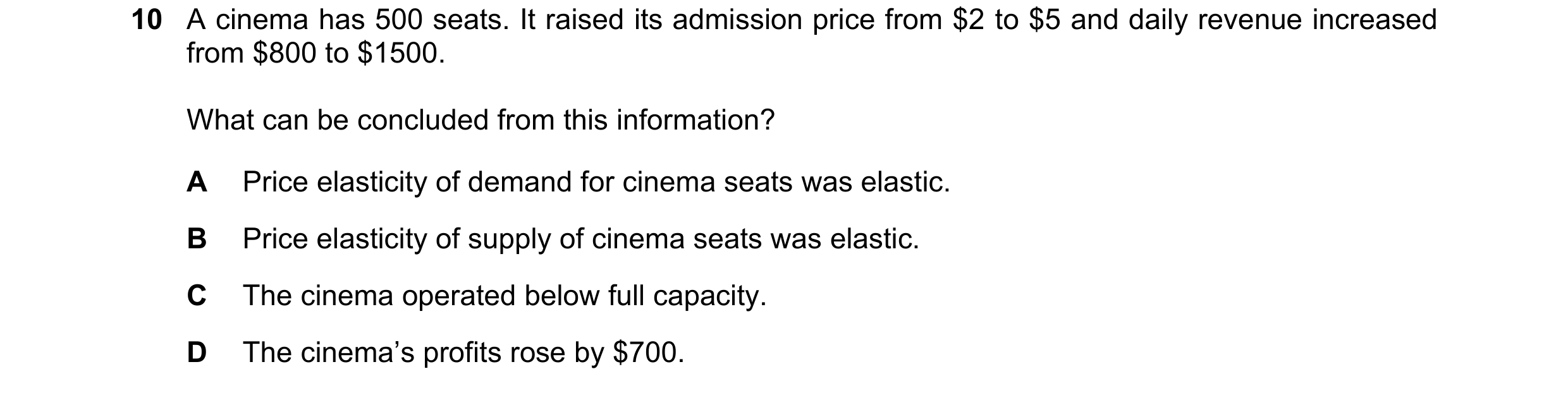 Question 59: A cinema has 500 seats. It raised its admission price from $2 to $5 and daily revenue increased from $800 to $1500. What can be concluded f…