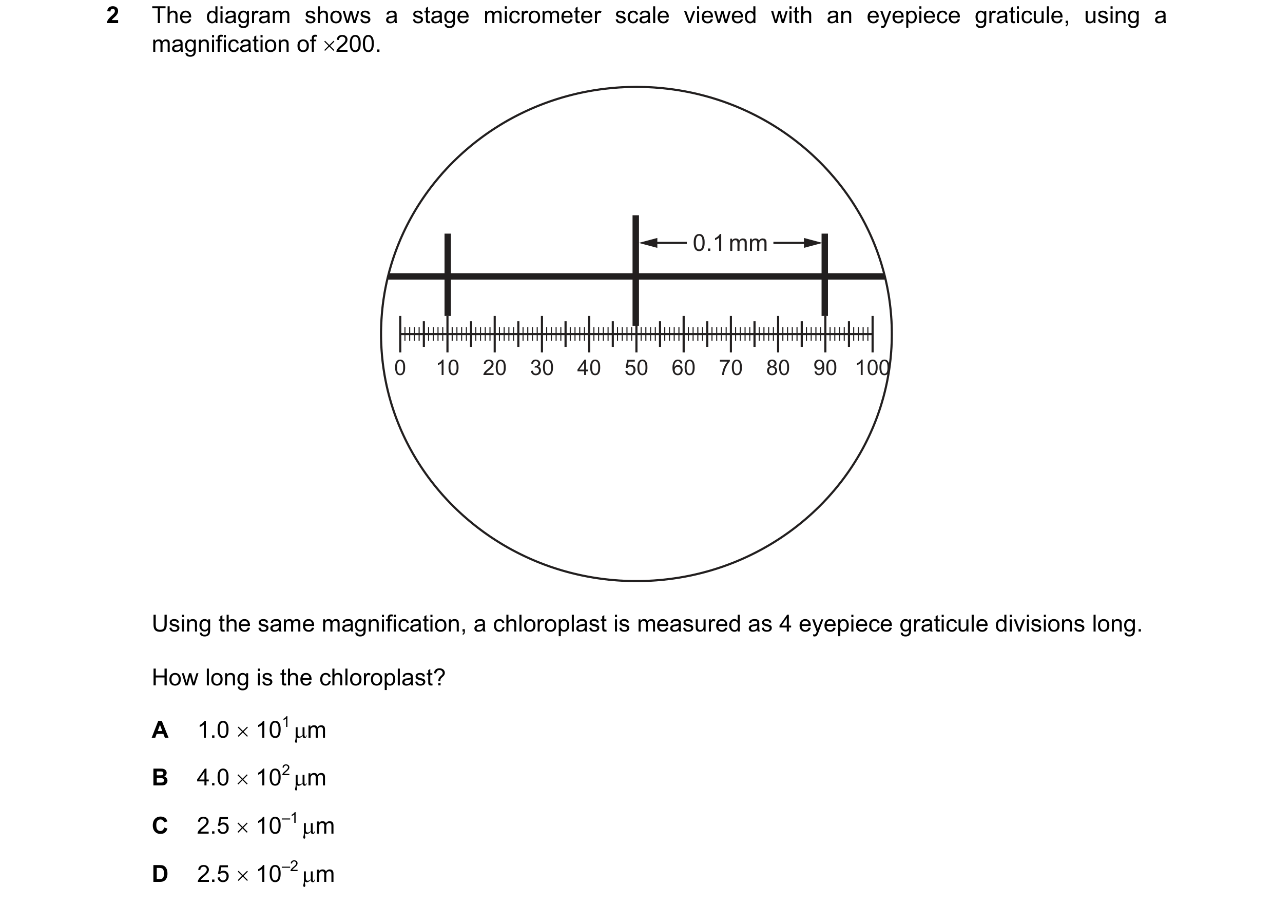Question 107: The diagram shows a stage micrometer scale viewed with an eyepiece graticule, using a magnification of ×200. 0.1 mm 0 10 20 30 40 50 60 70 …