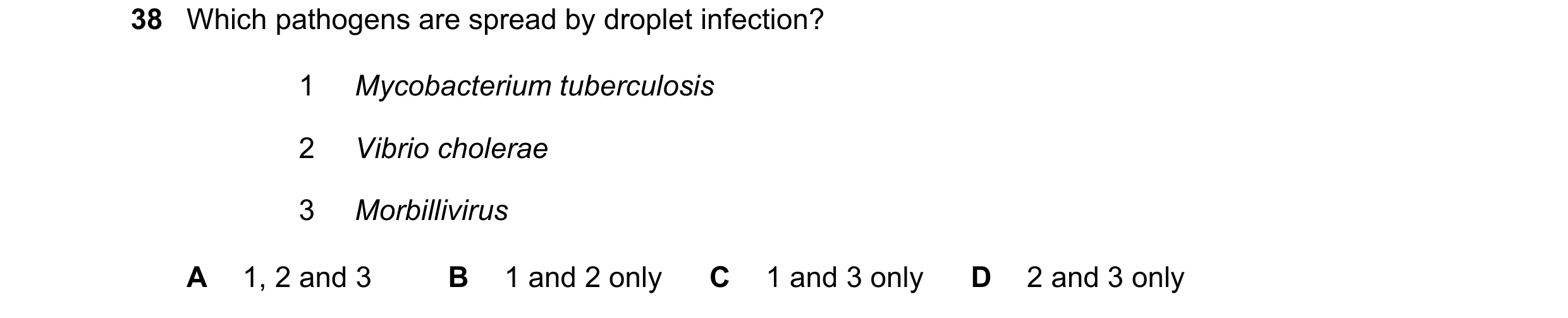 Question 90: Which pathogens are spread by droplet infection? 1 Mycobacterium tuberculosis 2 Vibrio cholerae 3 Morbillivirus A 1, 2 and 3 B 1 and 2 only…