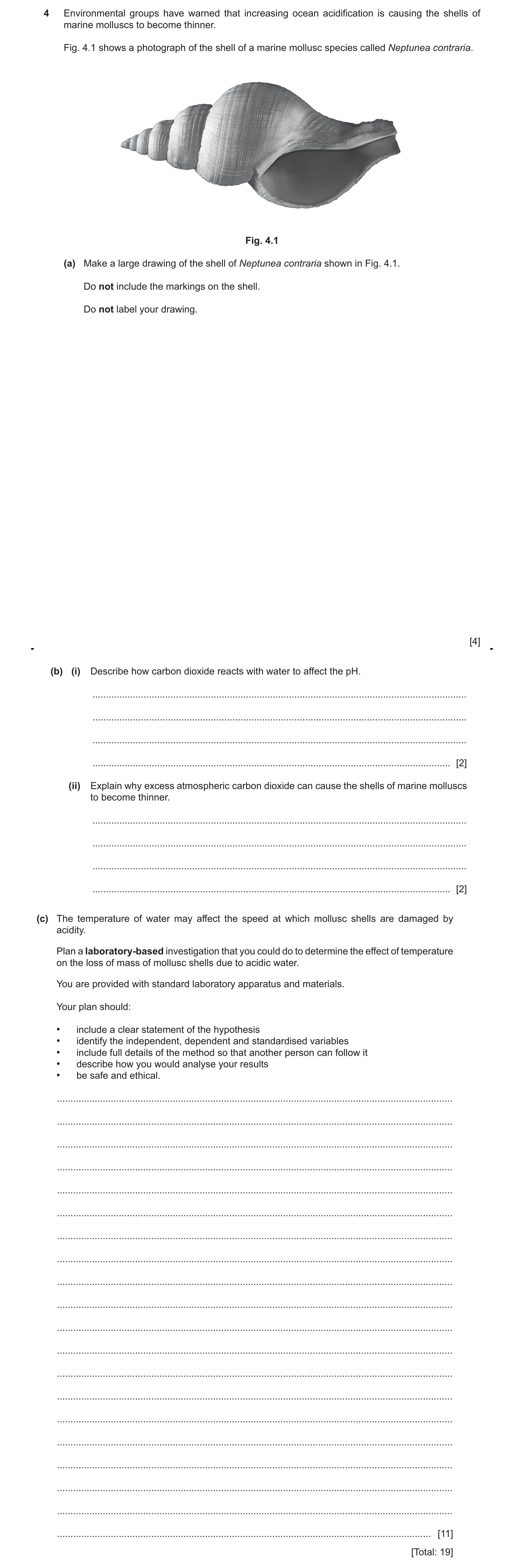 Question 11: Environmental groups have warned that increasing ocean acidification is causing the shells of marine molluscs to become thinner. Fig. 4.1 s…