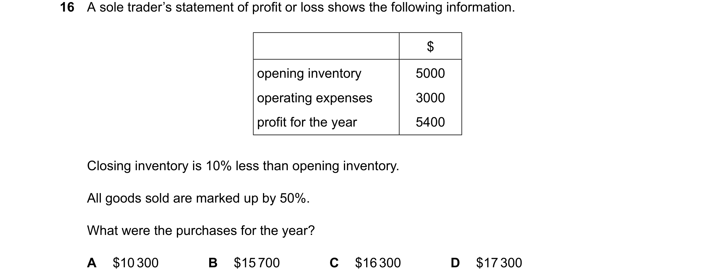 Question 818: A sole trader’s statement of profit or loss shows the following information. $ opening inventory 5000 operating expenses 3000 profit for th…