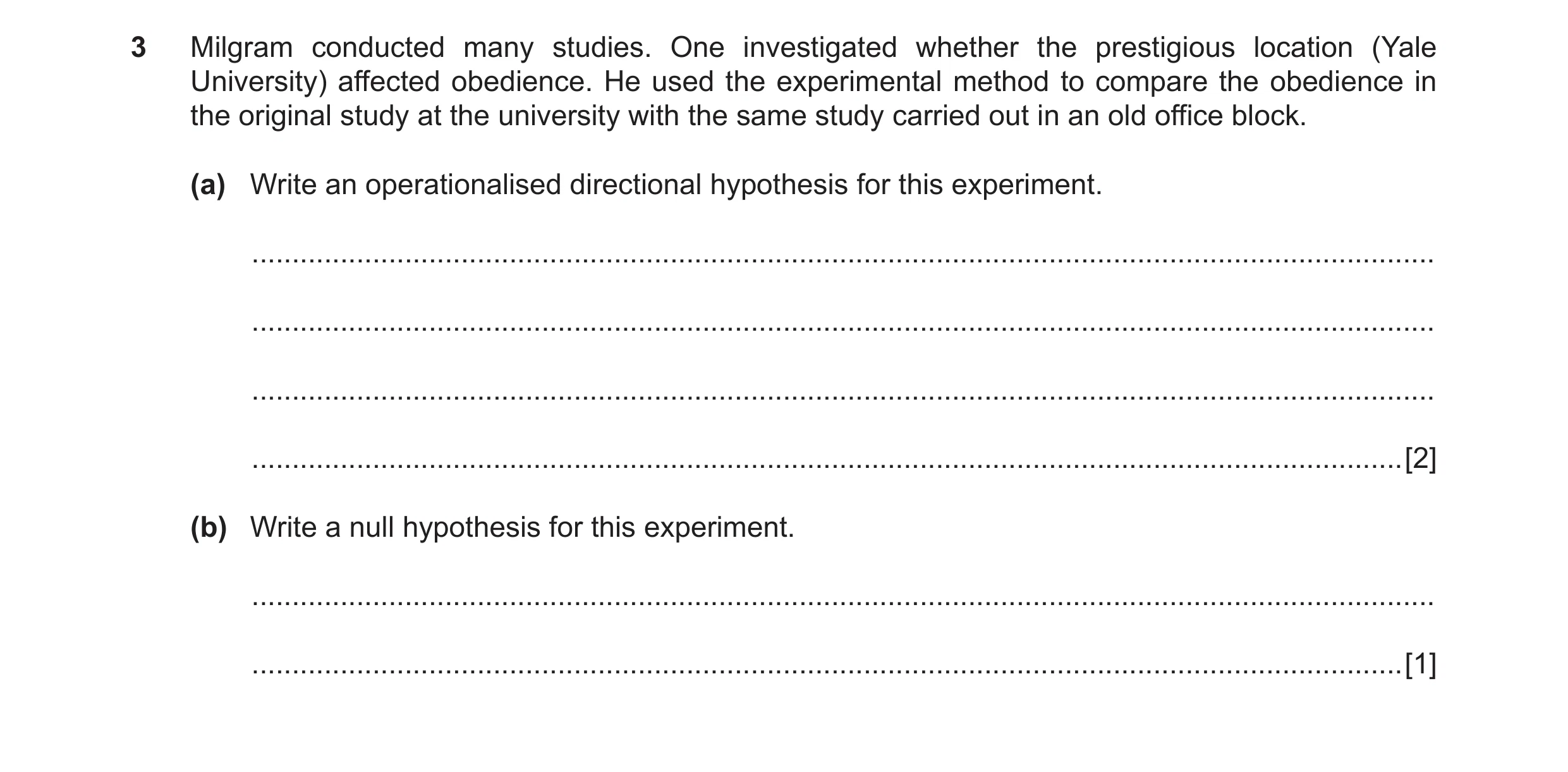 Question 21: Milgram conducted many studies. One investigated whether the prestigious location (Yale University) affected obedience. He used the experim…