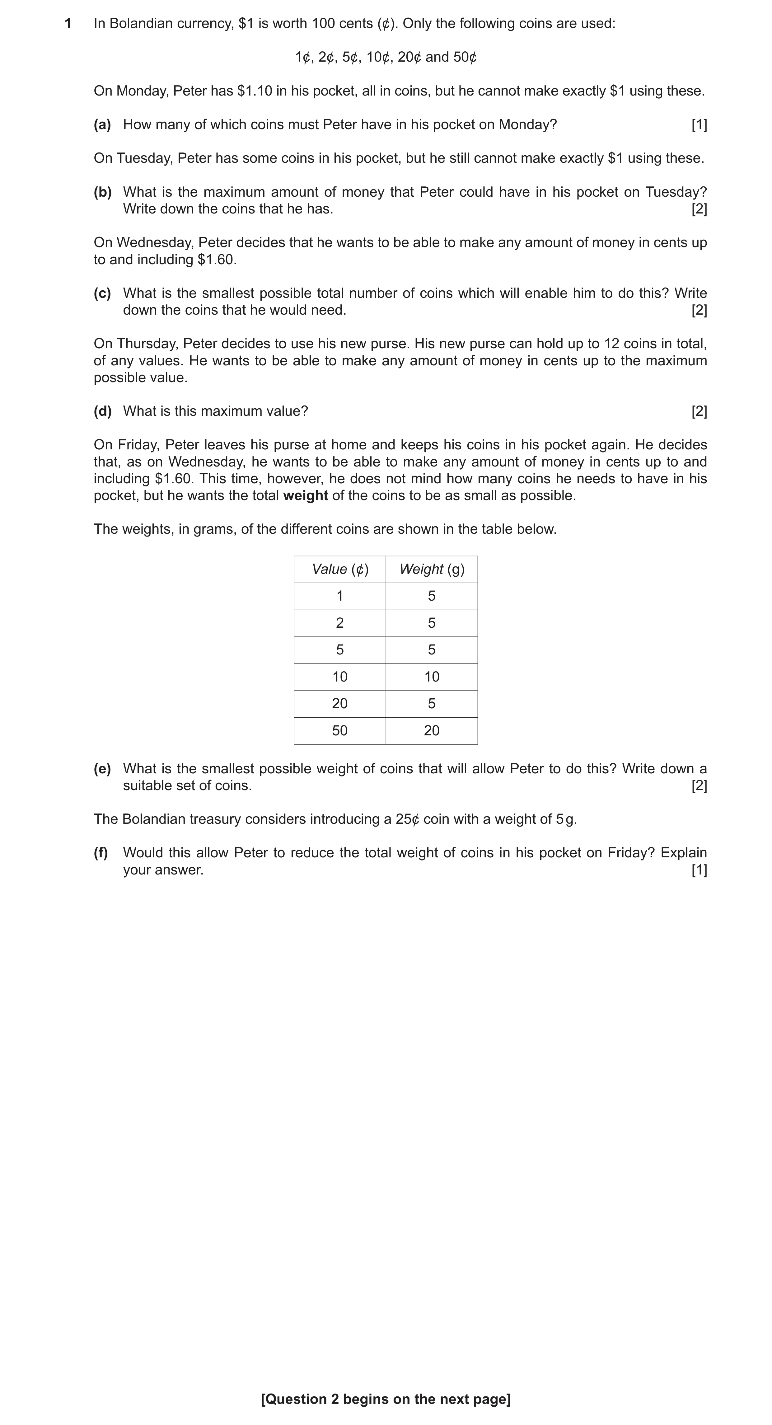 Question 53: In Bolandian currency, $1 is worth 100 cents (¢). Only the following coins are used: 1¢, 2¢, 5¢, 10¢, 20¢ and 50¢ On Monday, Peter has $1.1…