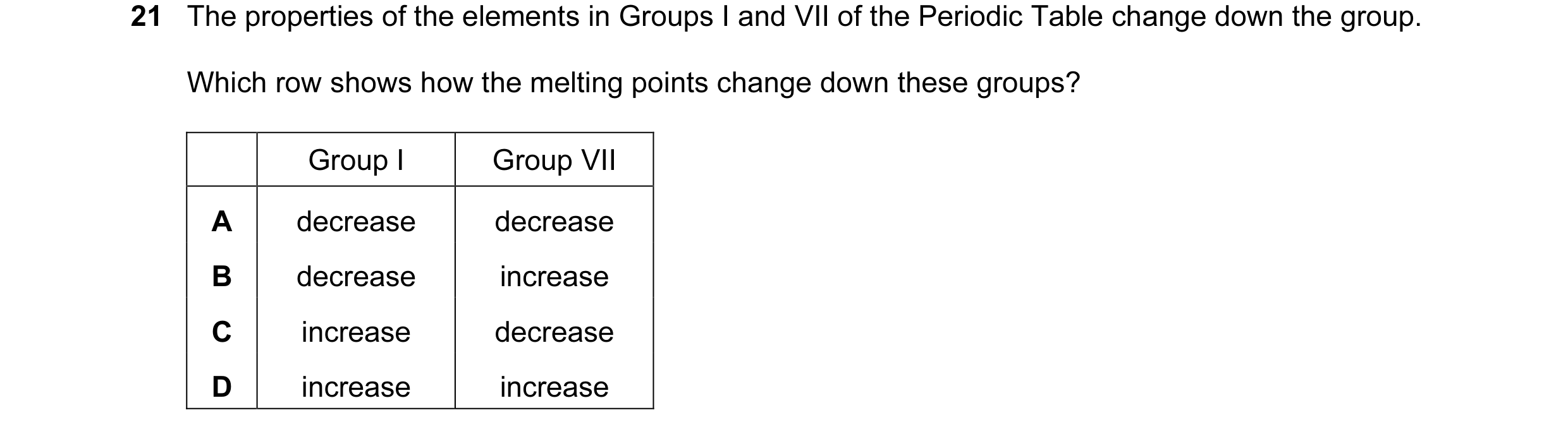 Question 15: The properties of the elements in Groups I and VII of the Periodic Table change down the group. Which row shows how the melting points chan…