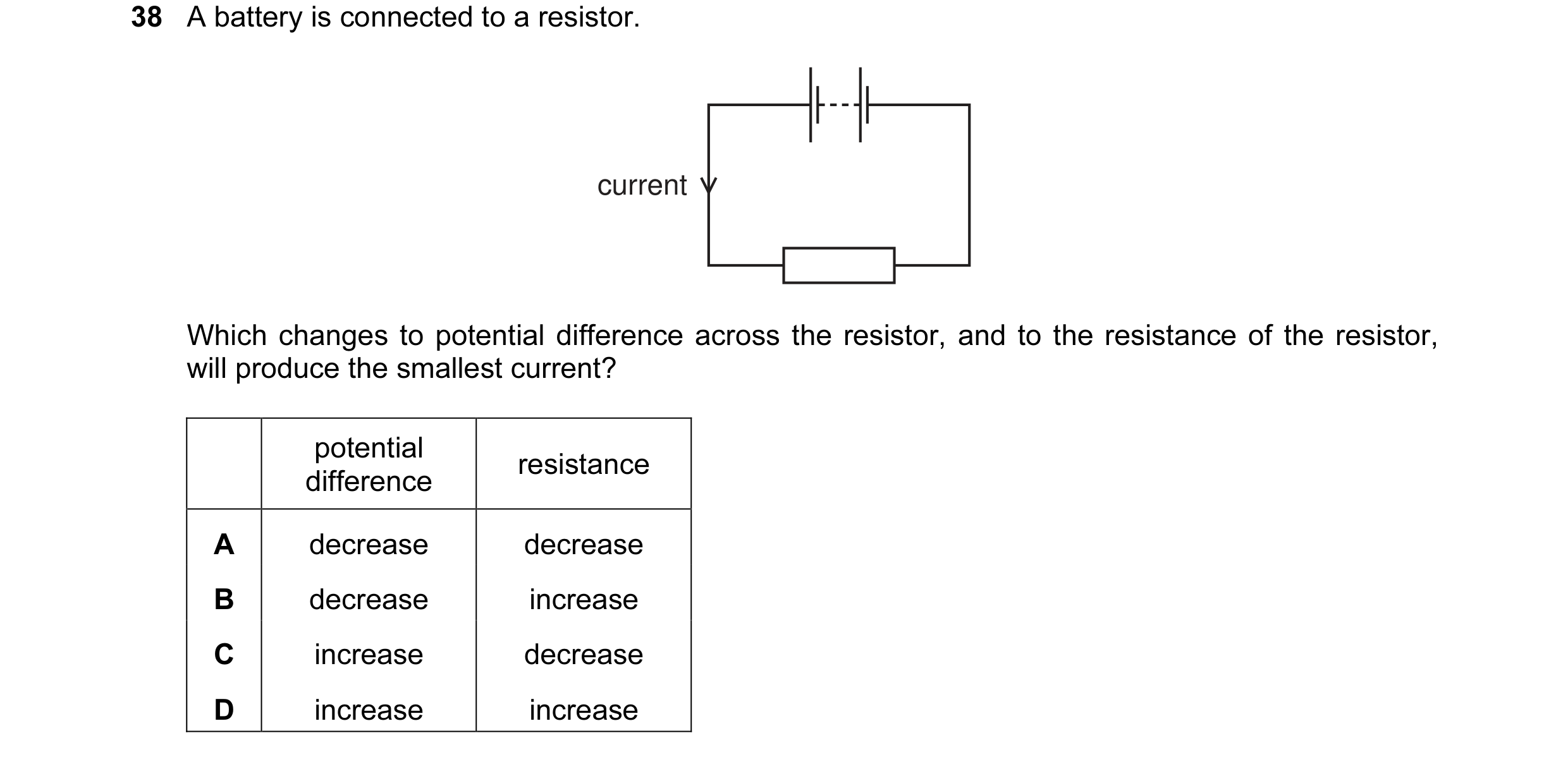 Question 29: A battery is connected to a resistor. current Which changes to potential difference across the resistor, and to the resistance of the resis…