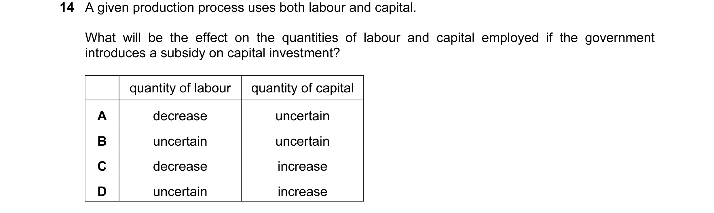 Question 11: A given production process uses both labour and capital. What will be the effect on the quantities of labour and capital employed if the go…